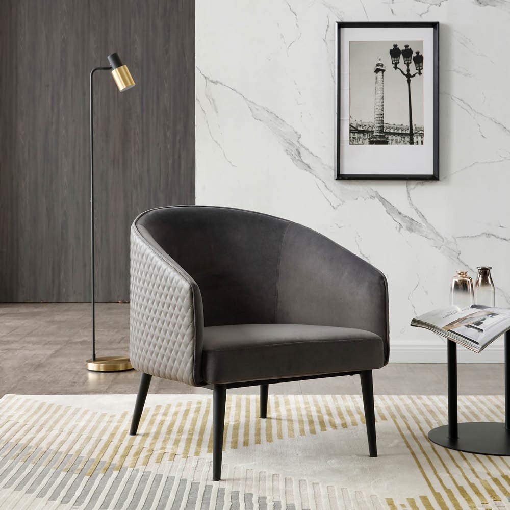 Boston Leisure Chair, Front back & seat in Grey Velvet fabric. Back in Dark Grey PU,  Sanded Black coated steel base frame.