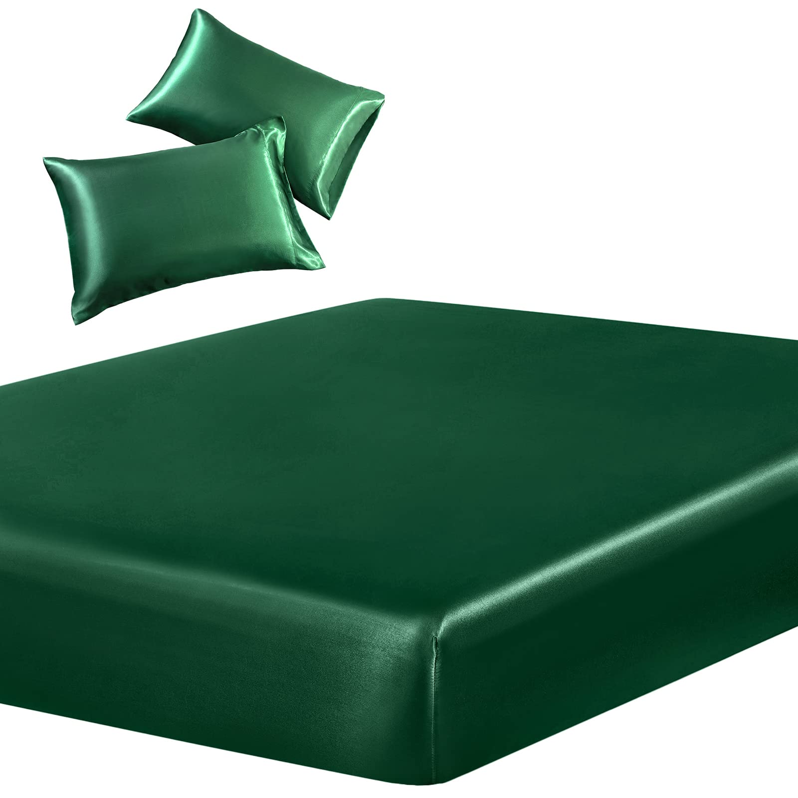 Siinvdabzx 3-Piece Set Satin Queen Fitted Sheet & 2 Pillowcase, Emerald Green Silky Soft Fitted Bottom Sheet, Wrinkle Free, Fade