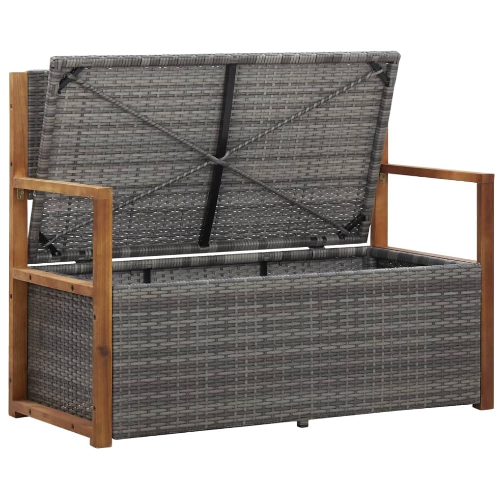 vidaXL Patio Storage Bench - Poly Rattan & Solid Acacia Wood - Gray - Comfortable Cushioned Seating - Ample Internal Storage Space