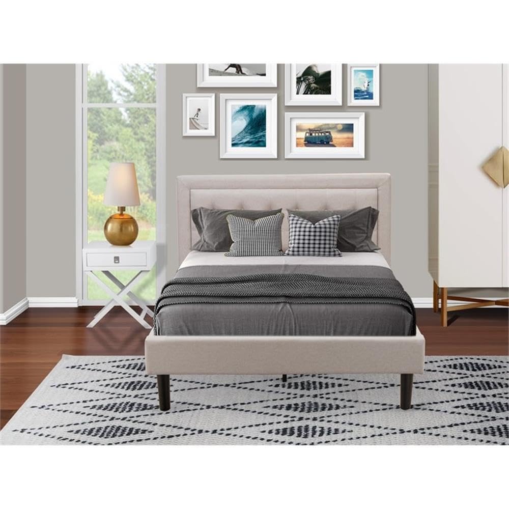 East West Furniture FN08F-1HAE0 2-Pc Fannin Wooden Set for Bedroom with 1 Upholstered Bed and a Small Nightstand - Reliable and Durable Manufacturing - Mist Beige Linen Fabric