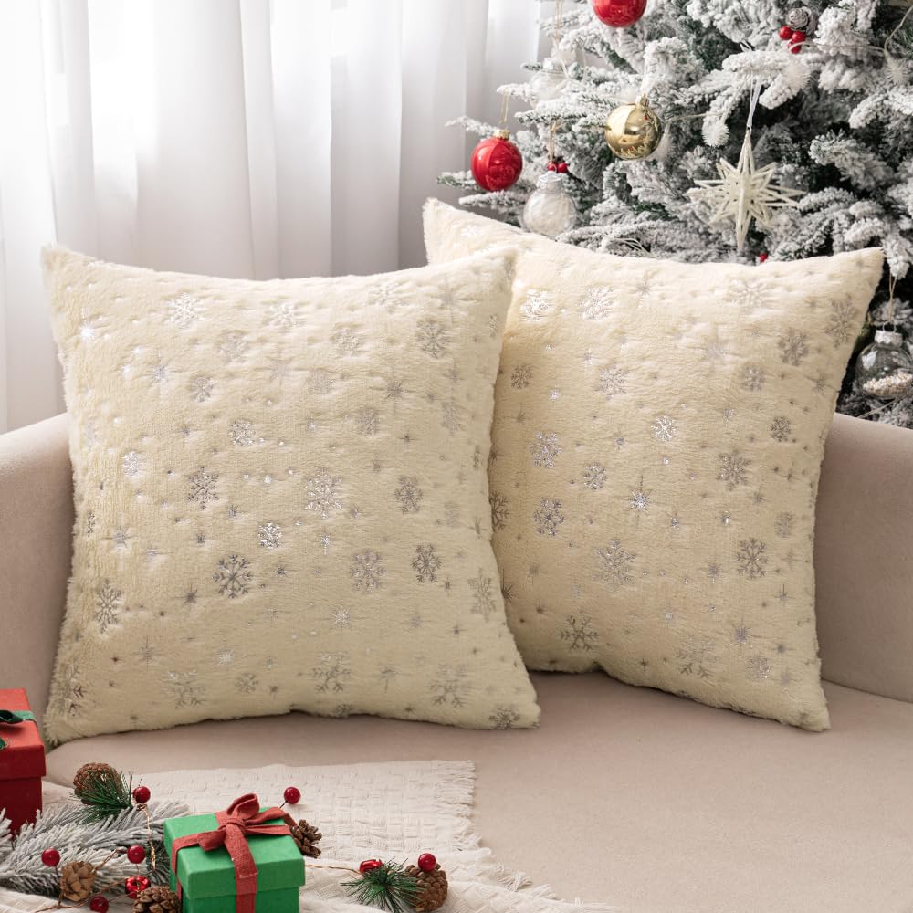 Miulee Christmas Set Of 2 Decorative Throw Pillow Covers, Soft Faux Fur Winter Pillow Covers With Silver Snowflake Glitter Print