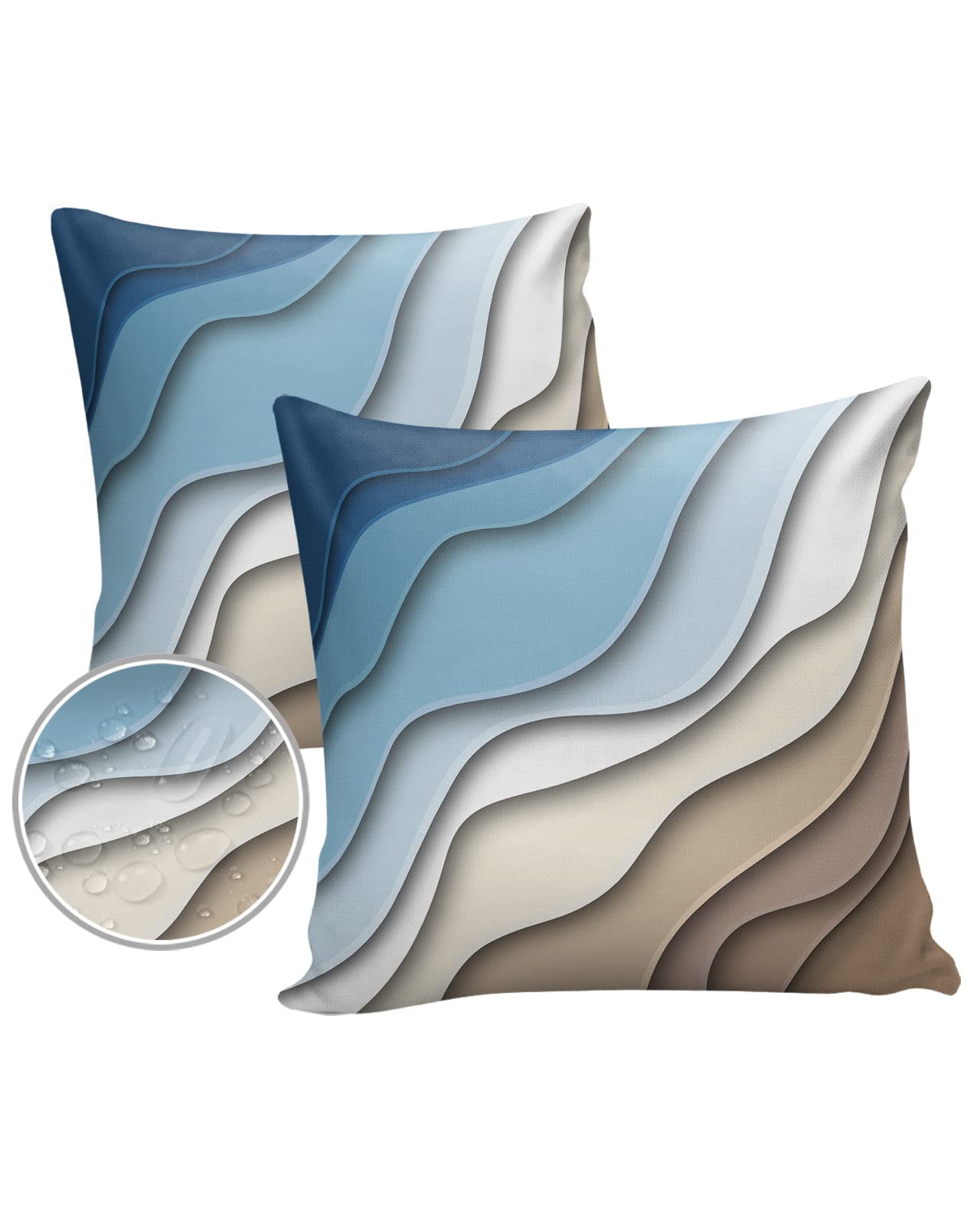 Modern Outdoor Pillow Covers Set Of 2,Geometric Line Wave Striped Decorative Waterproof Throw Pillow Case,Minimalist Blue Brown