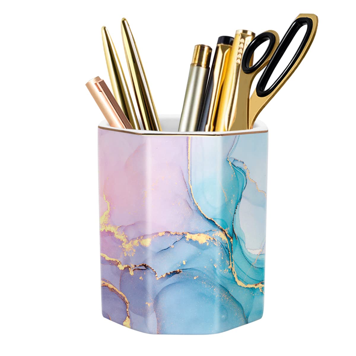 Waveyu Ceramic Marble Pen Holder, Cute Stationery Holder For Office, High School College, Makeup Brush Holder For Girl Women, Co