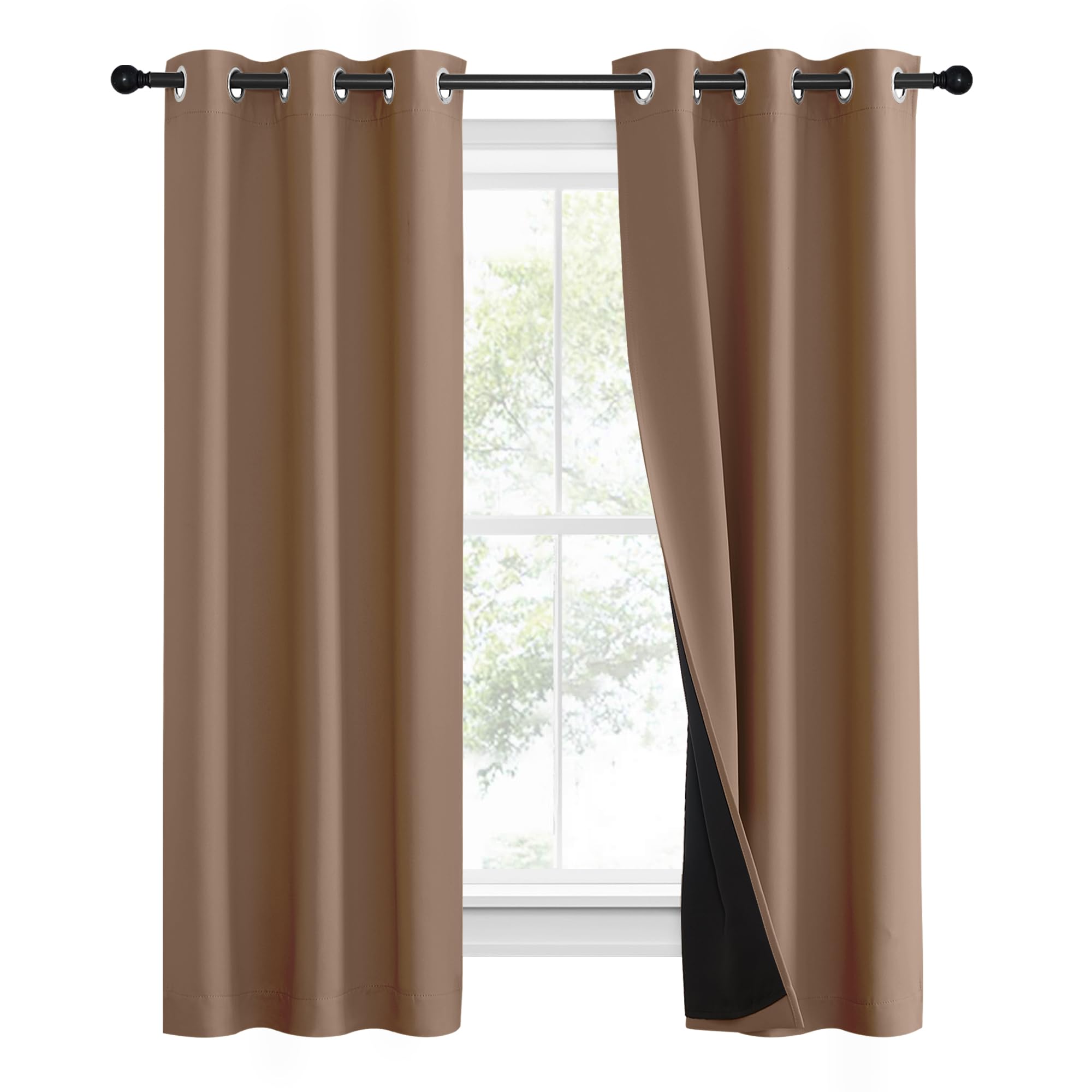 Nicetown 100% Blackout Curtains Thermal, Noise Reduction And Privacy Curtains For Patio Door, Black Lined Blackout Drapes With Grommet Top, Cappuccino, 1 Pair, W37 X L60
