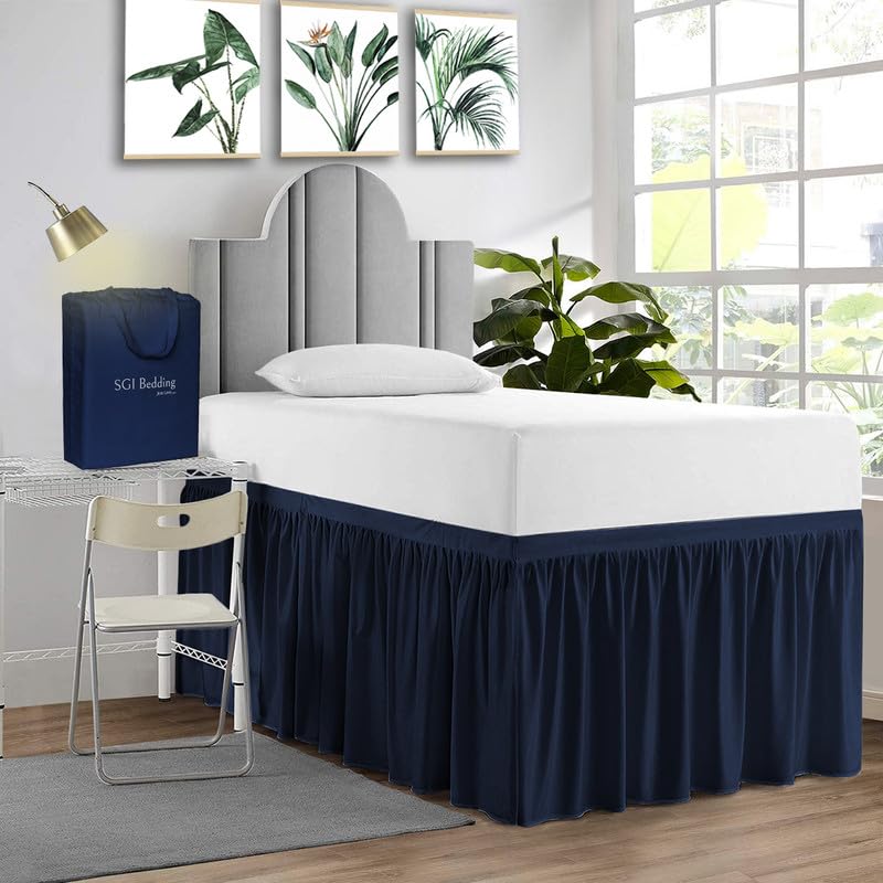 Sgi Bedding Dorm Bed Skirt Twin Xl 32 Inch Drop Length - Navy Blue, Ruffled Pattern College Dorm Room Bed Skirts - Split Corner,
