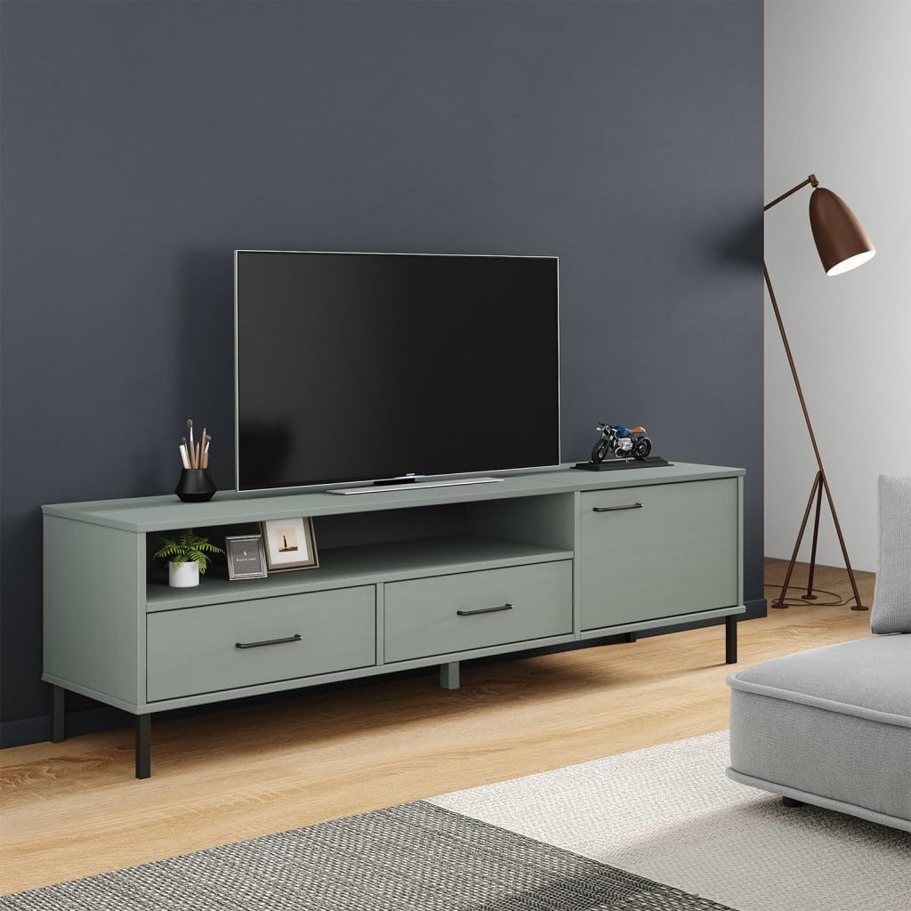 vidaXL Solid Wood Pine TV Stand with Metal Legs - Spacious Storage, Easy Assembly, Industrial Design Gray Finish