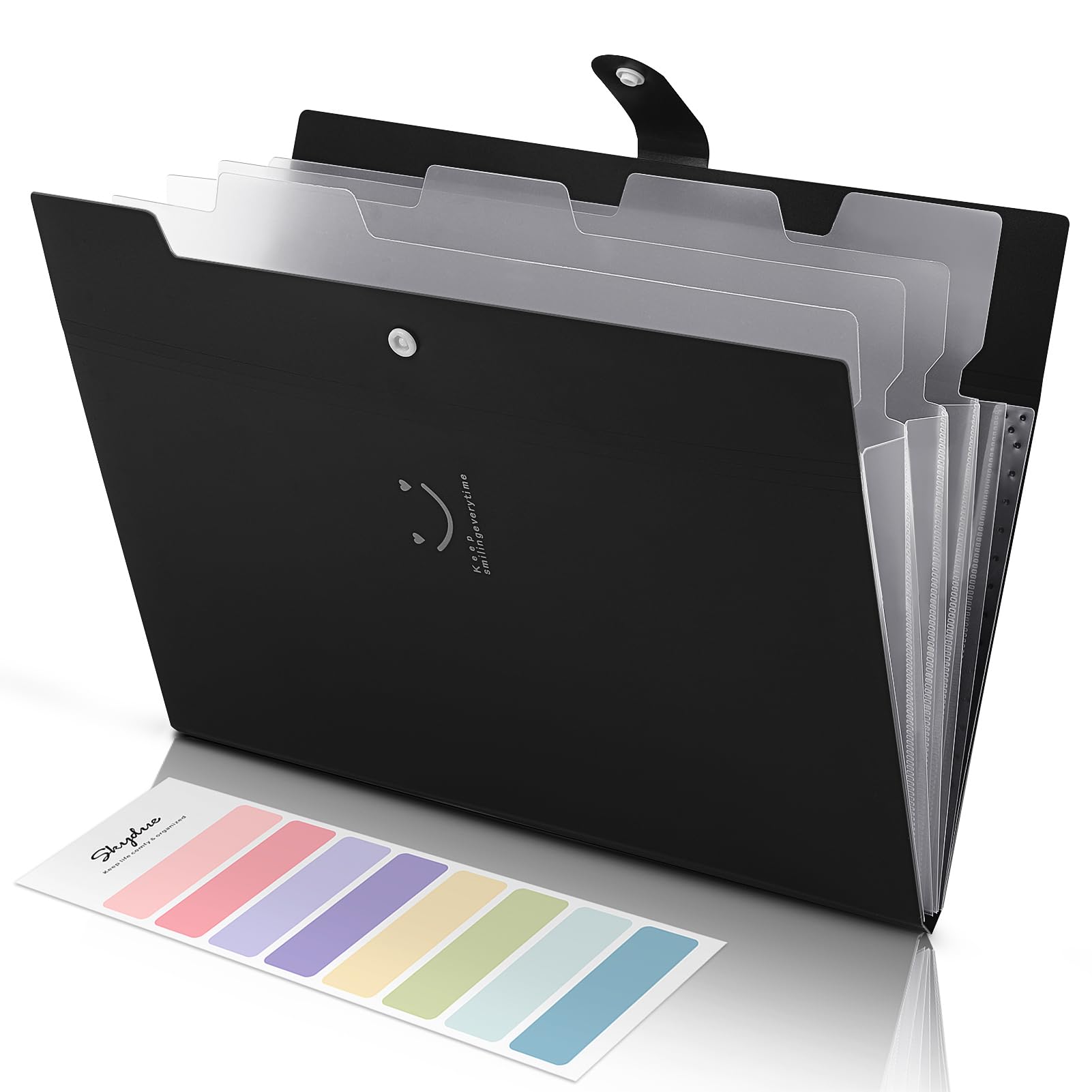 Skydue File Folder With 8 Labels, 5 Pockets Accordion Paper Organizer For School And Office,A4 Letter Size,Black