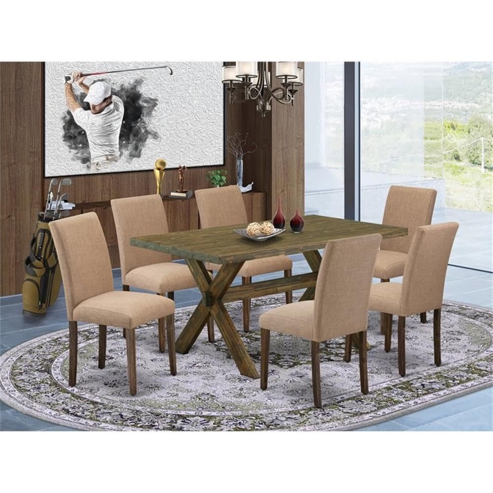 East West Furniture X776Ab747-7 7 Piece Dinette Set Consist Of A Rectangle Dining Room Table With X-Legs And 6 Light Sable Linen Fabric Upholstered Chairs, 36X60 Inch, Multi-Color