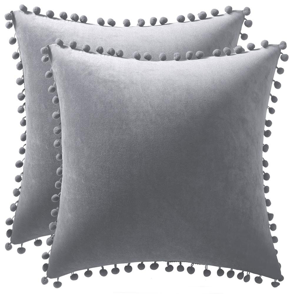 Dezene Decorative Pillow Cases 16X16 Light-Grey: 2 Pack Cozy Soft Pom-Poms Velvet Square Throw Pillow Covers For Farmhouse Home