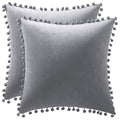 Dezene Decorative Pillow Cases 24X24 Light-Grey: 2 Pack Cozy Soft Pom-Poms Velvet Square Throw Pillow Covers For Farmhouse Home