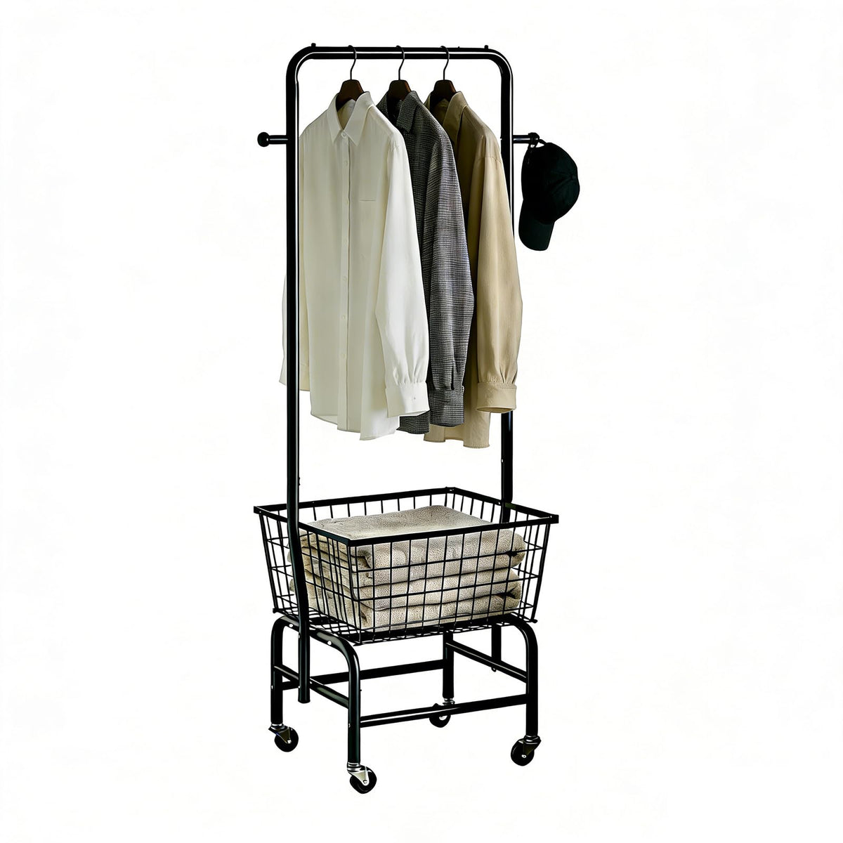 YIJIEFANG Rolling Laundry Cart with Hanging Rack Metal Laundry Basket with Wheels Laundry Hamper with Storage Basket and Shelf f