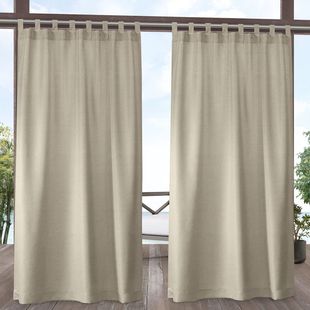 Exclusive Home Biscayne Indoor/Outdoor Two Tone Textured Hook-And-Loop Tab Top Curtain Panel, 54'X108', Natural, Set Of 2