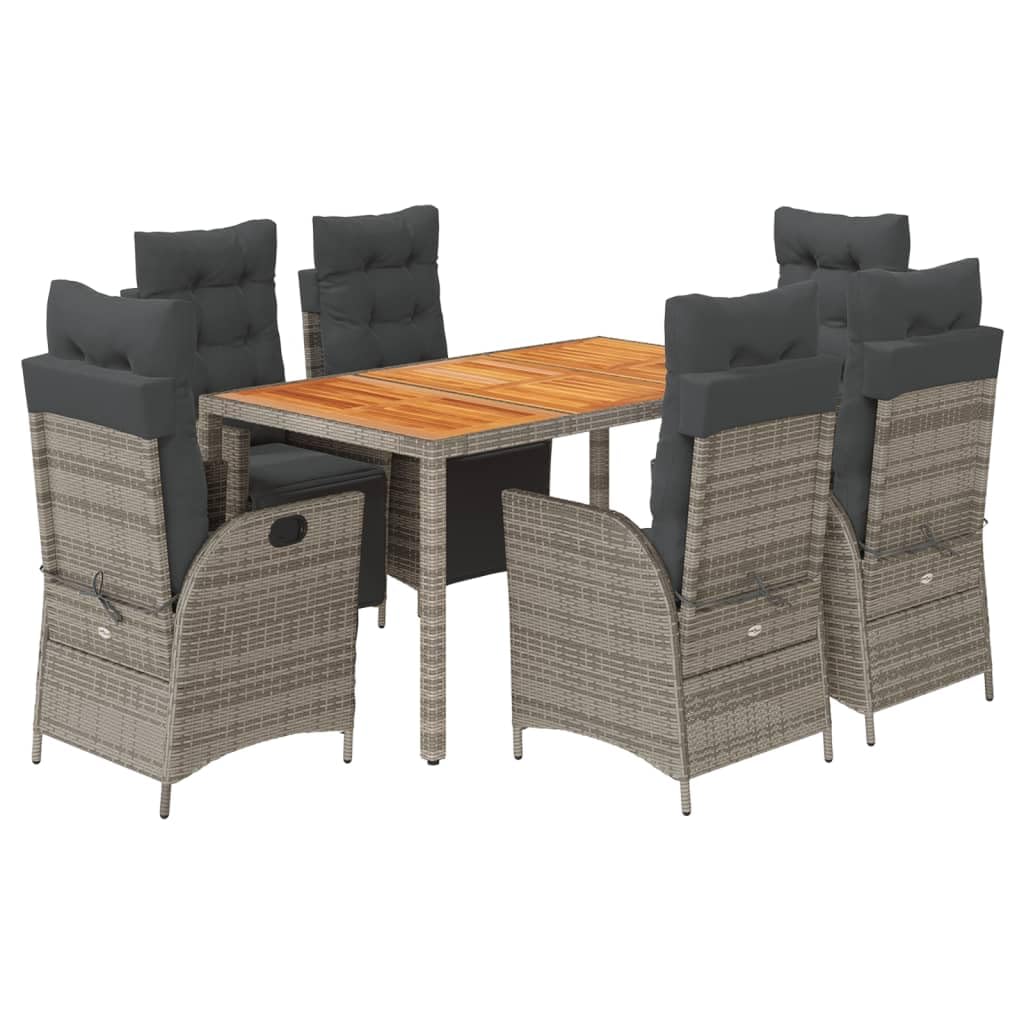 vidaXL 7 Piece Patio Dining Set with Cushions - Gray Poly Rattan, Adjustable Chairs, Weather-Resistant, Acacia Wood Tabletop, Outdoor Garden Patio Furniture