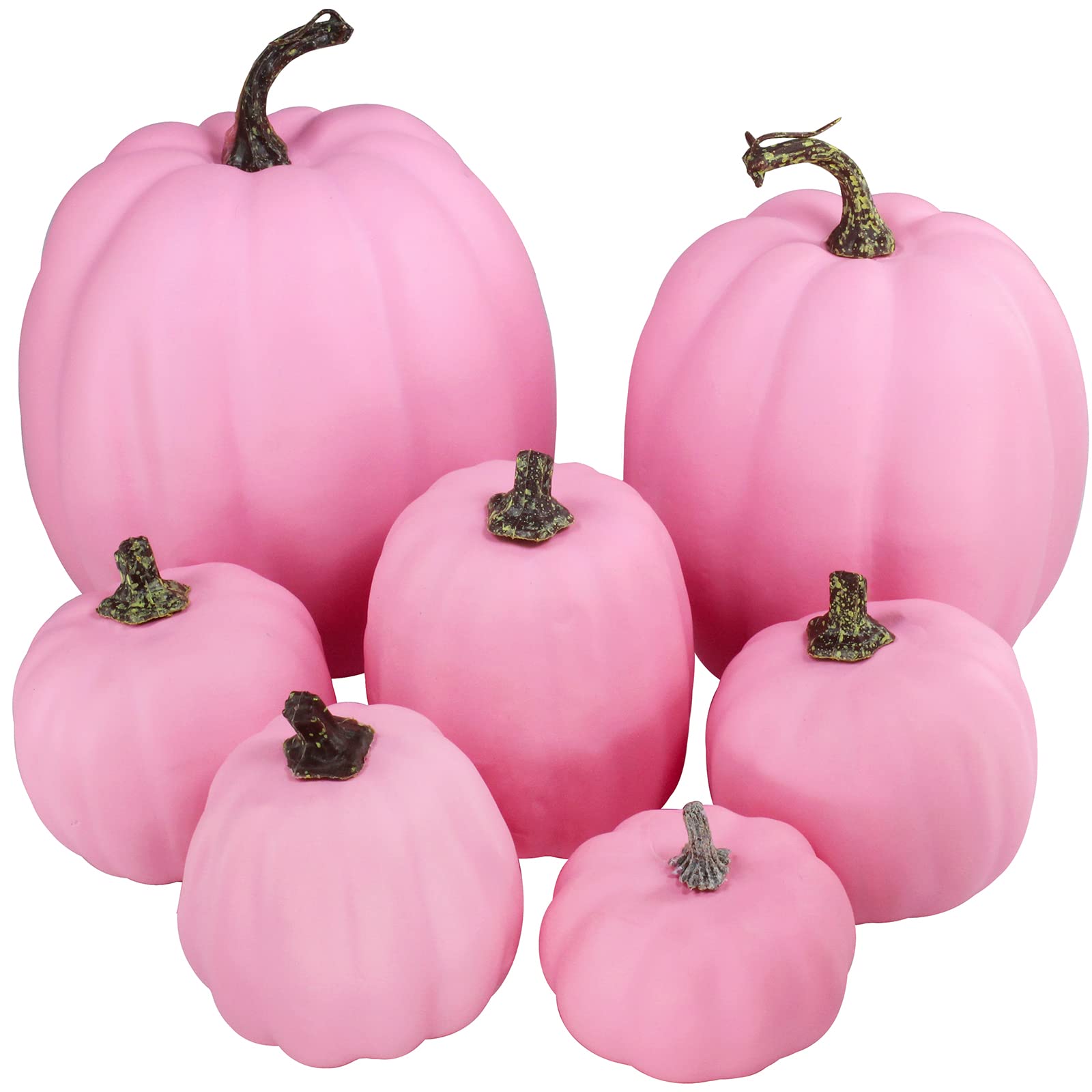 Winlyn 7 Pcs Assorted Sizes Fall Artificial Pink Pumpkins Harvest Pumpkins Faux Foam Pumpkins for Fall Autumn Season Halloween T