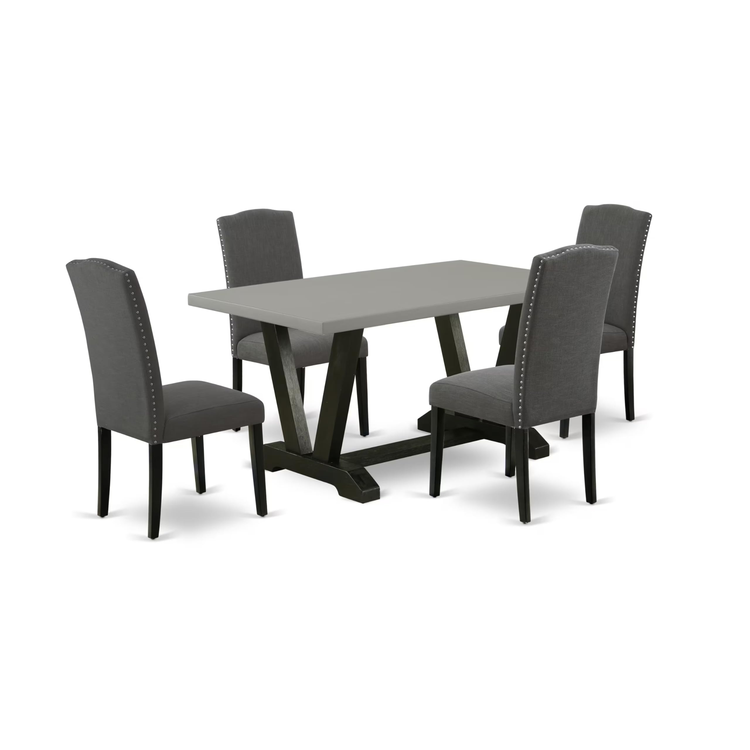 East West Furniture V696En120-5 5 Piece Modern Dining Table Set Includes A Rectangle Wooden Table With V-Legs And 4 Dark Gotham Linen Fabric Upholstered Chairs, 36X60 Inch, Multi-Color