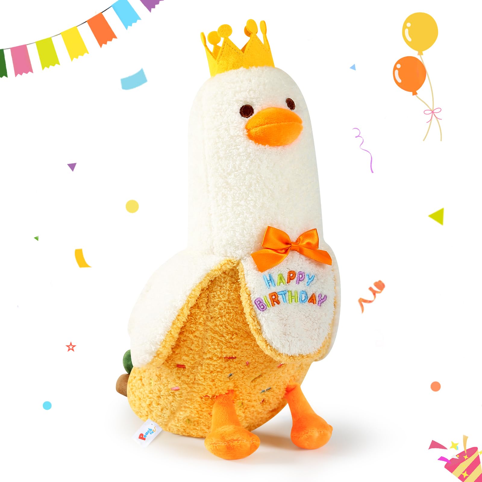 Peach Cat Banana Duck Plush Pillow With Birthday Party Crown Banana Duck Stuffed Animal For Birthday Gift For Kids Yellow 19.7'