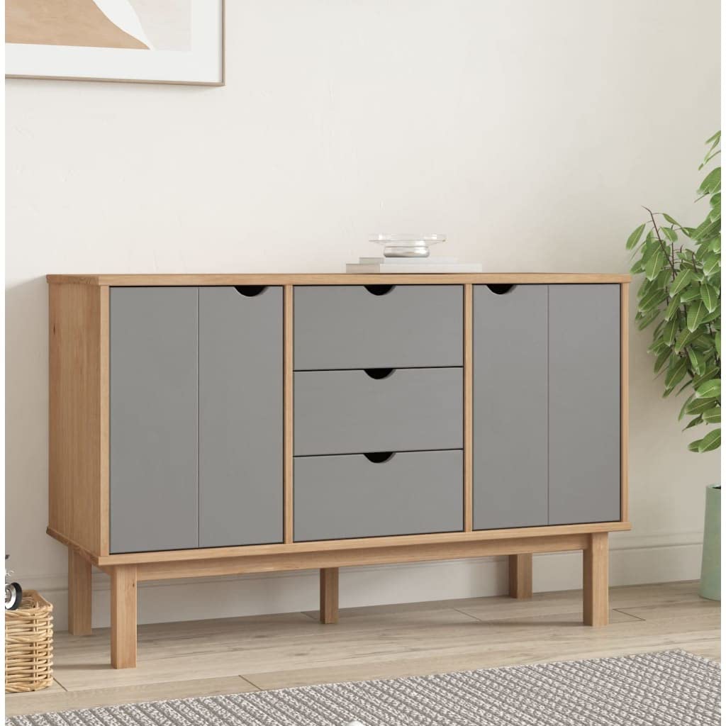 vidaXL OTTA Sideboard in Scandinavian Style with 3 Drawers and Compartments, Made from Solid Pine Wood, Brown and Gray