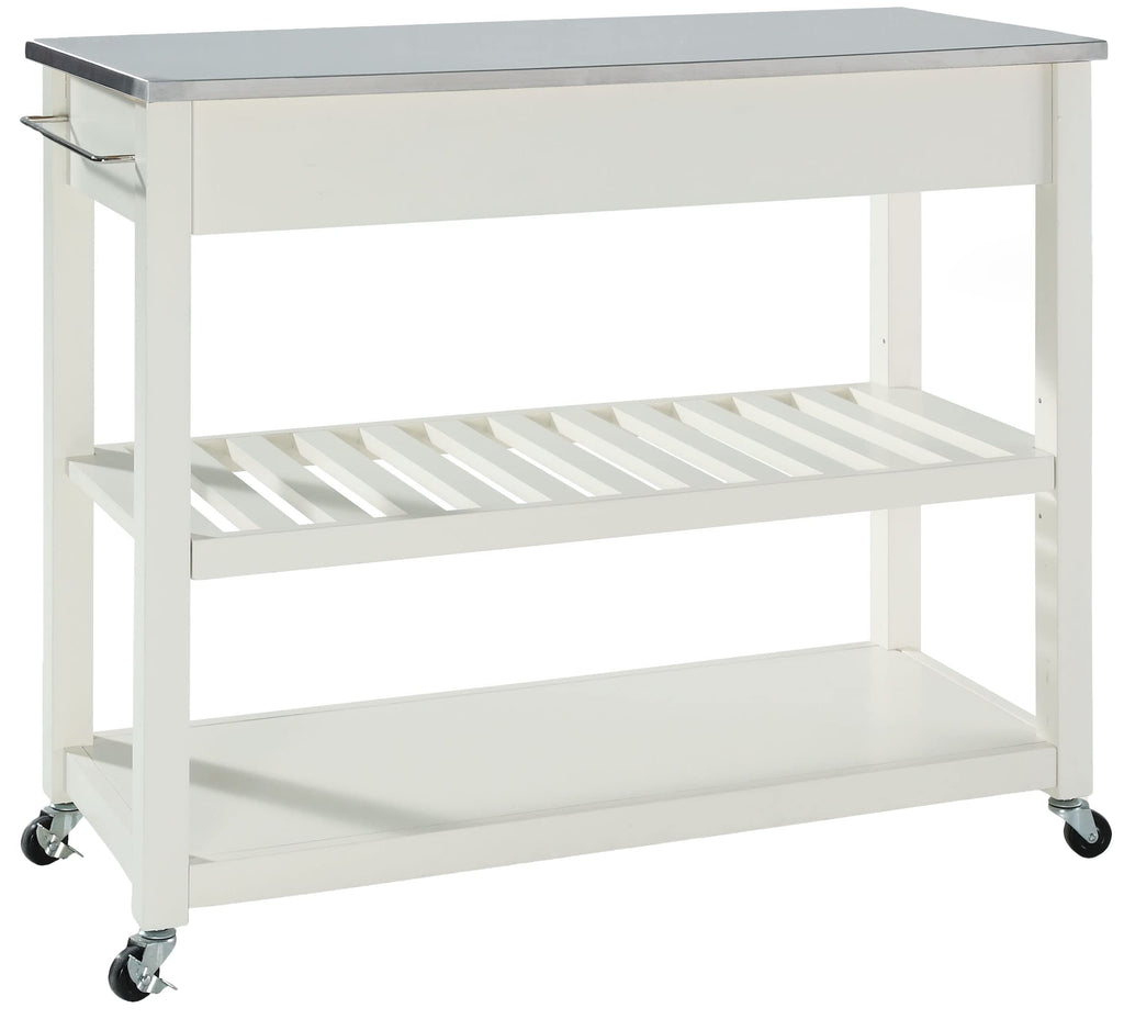 Crosley Furniture Stainless Steel Top Kitchen Prep Rolling Cart, Microwave Stand, Coffee Bar, with Shelves, White