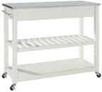 Crosley Furniture Stainless Steel Top Kitchen Prep Rolling Cart, Microwave Stand, Coffee Bar, with Shelves, White