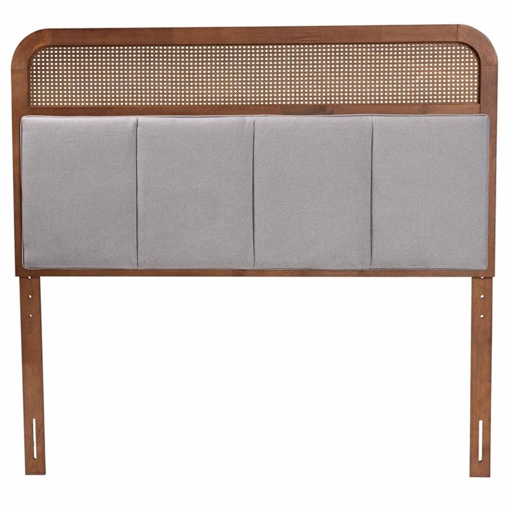 Baxton Studio Esti Mid-Century Modern Light Grey Fabric and Ash Walnut Finished Wood King Size Headboard with Rattan