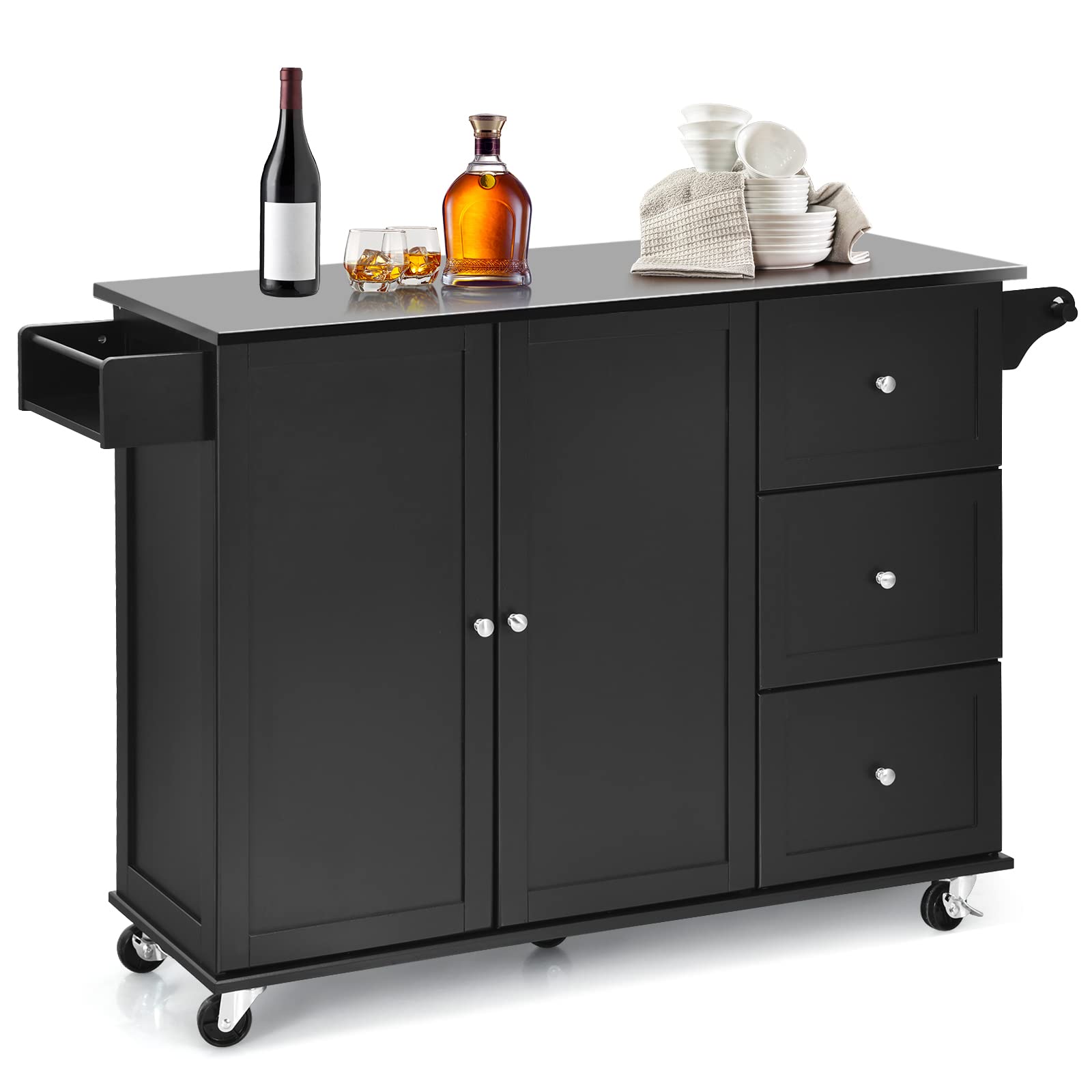 Silkydry Kitchen Island With Stainless Steel Top, Rolling Kitchen Trolley Cart With Storage Cabinet, 3 Drawers, Towel & Spice Rack, Island Table For Kitchen, Dining Room (Black)