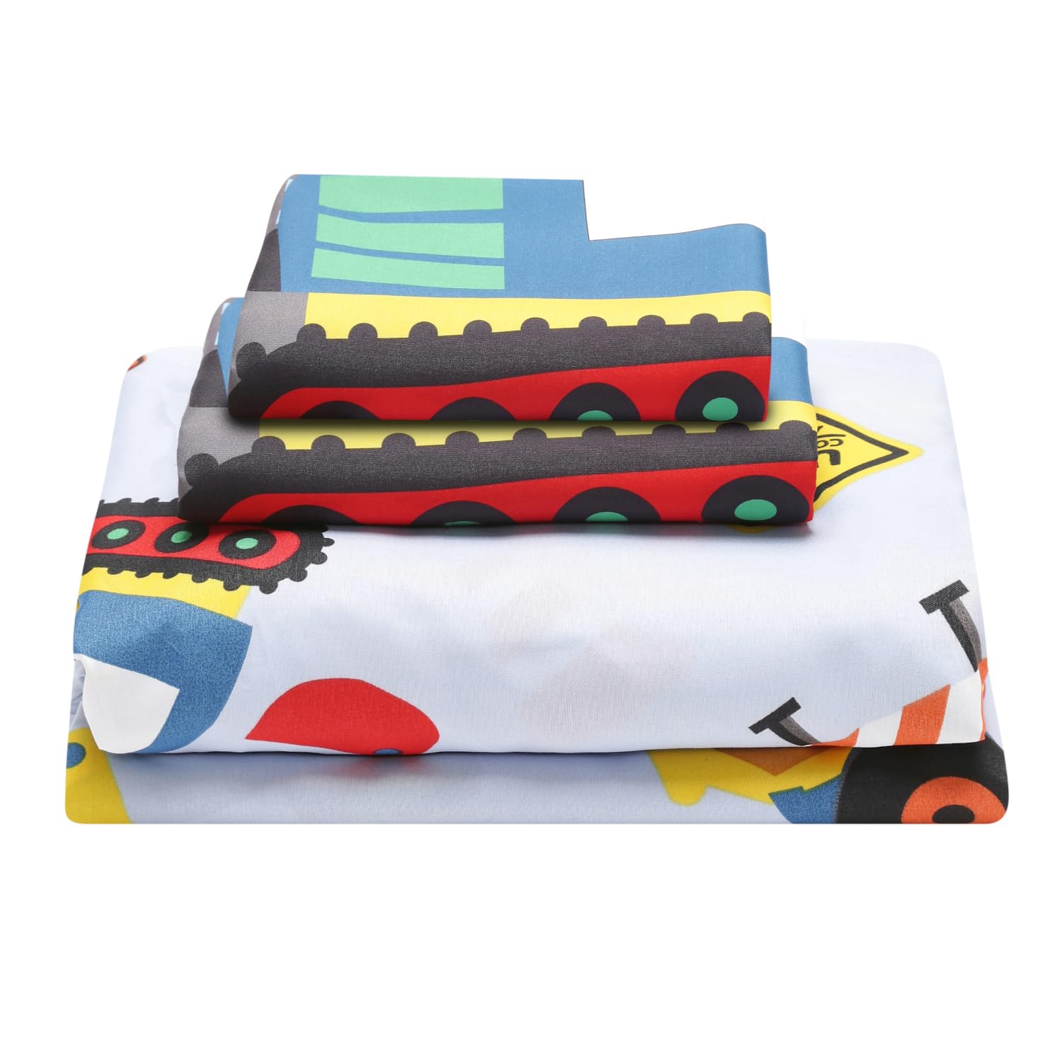 EVERYDAY KIDS Under Construction Full Size Bed Sheet Set for Kids with Buildings Bulldozers and Dump Trucks; Boys 4-Piece Full S