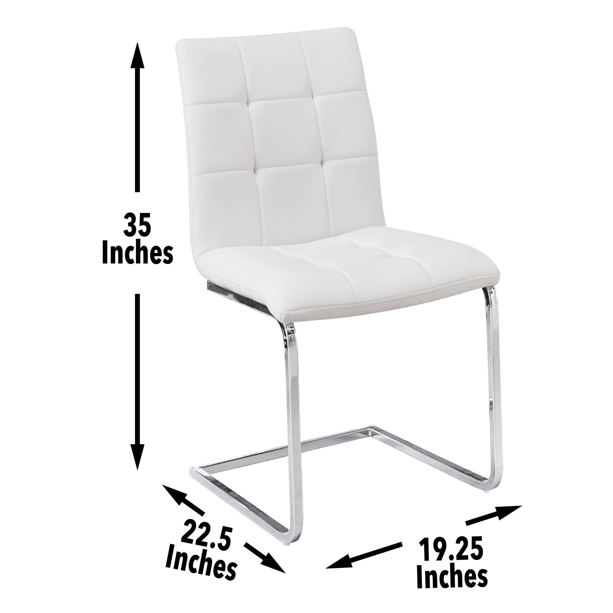 Steve Silver Furniture Escondido Upholstered White PU Side Chair, White w/Quilted Upholstery and Chrome Base, Modern and Versatile, C Shaped Legs, Dining Room, 22.5" D x 19.25" W x 35" H, White