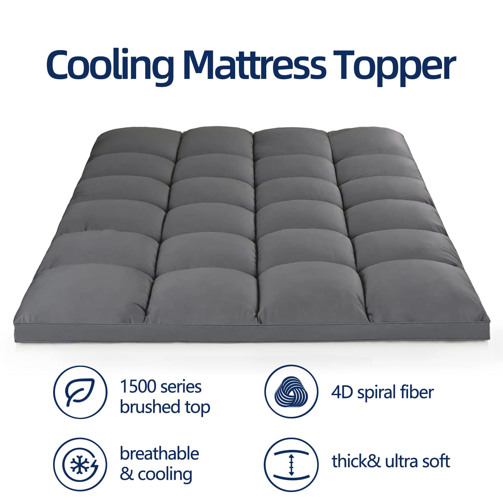 Mattress Topper Full For Back Pain, Extra Thick Mattress Pad Cover, Plush Pillow Top, Deep Elastic Pocket, Black