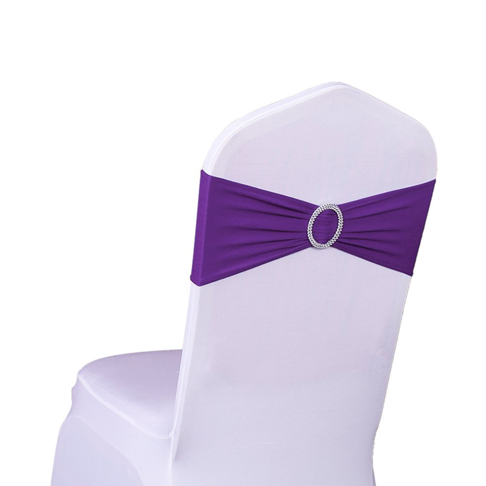 Sinssowl 100Pcs Stretch Wedding Purple Chair Sashes Bands With Buckle Slider Sashes Bow Decorations 25 Colors (Purple)