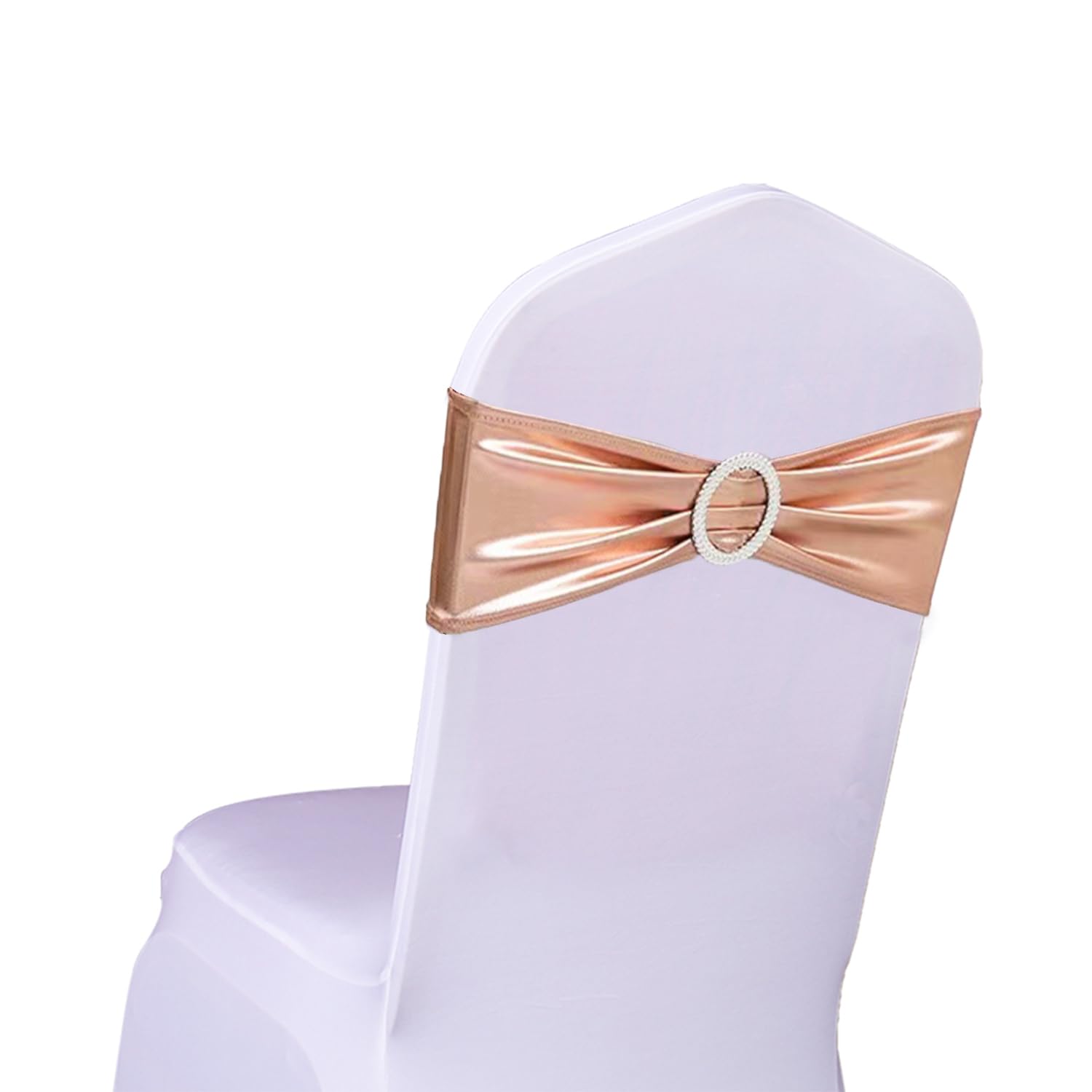 Sinssowl 100Pcs Stretch Wedding Rose Gold Chair Sashes With Buckle Slider Sashes Bow Decorations 25 Colors (Rose Gold, Pink Gold