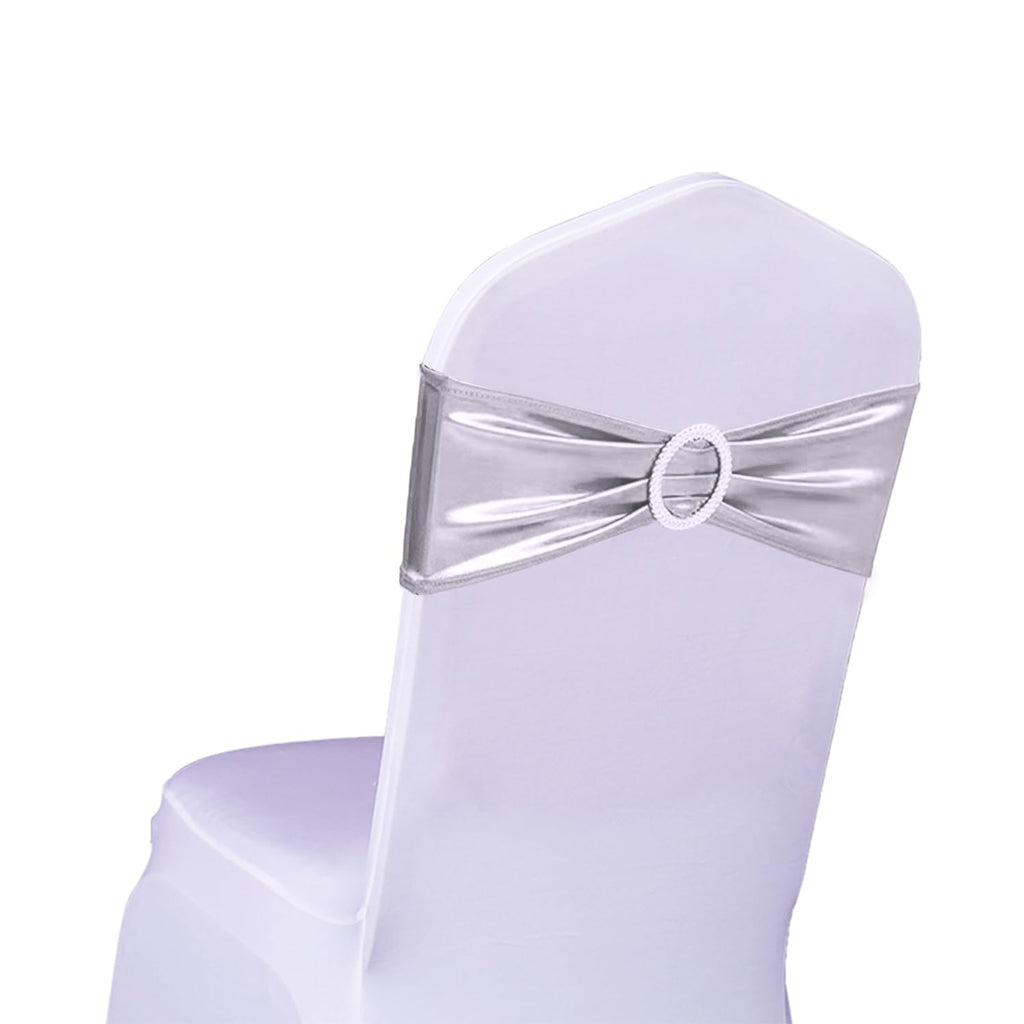 Sinssowl 100Pcs Stretch Wedding Silver Chair Sashes Bands With Buckle Slider Sashes Bow Decorations 25 Colors (Bronzing Silver)