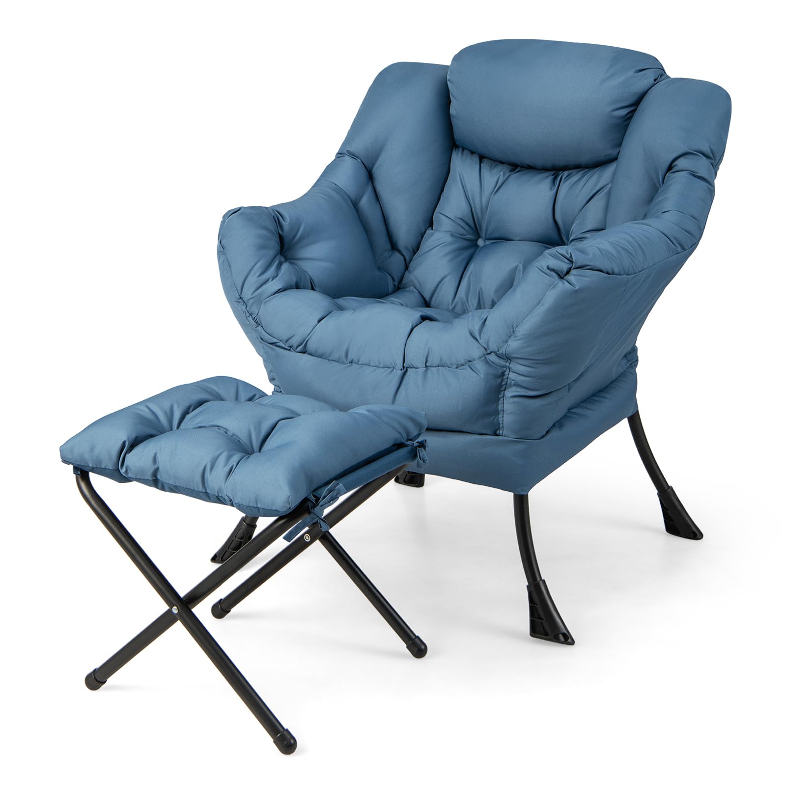 Gorelax Lazy Chair With Ottoman, Modern Accent Chair W/Armrests & Side Pocket, Upholstered Lounge Sofa Chair & Folding Footstool Set, Reading Chair For Bedroom, Living Room, Dorm Room (Navy)