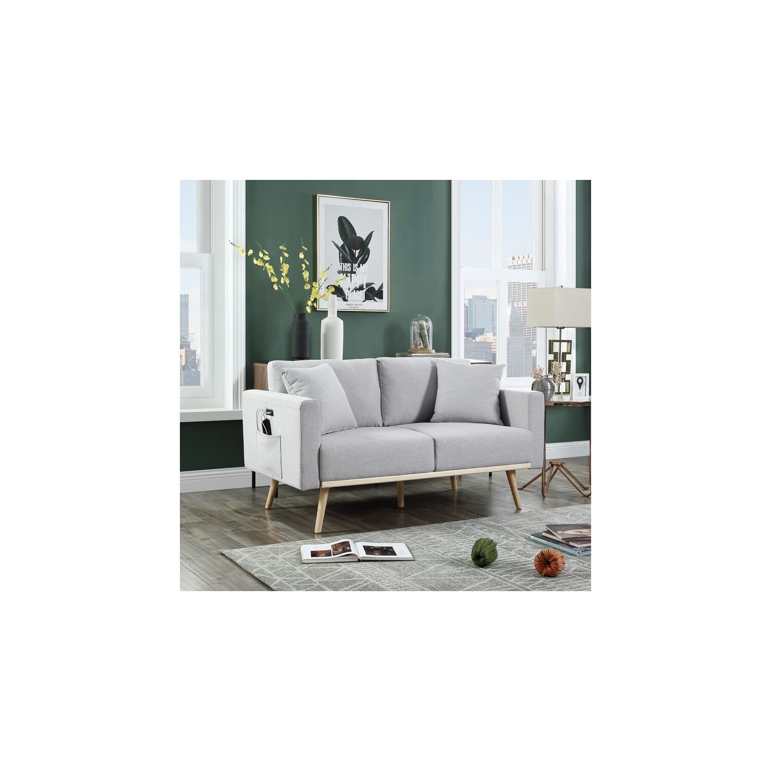 Lilola Home Easton Light Gray Linen Fabric Loveseat with USB Charging Ports Pockets & Pillows