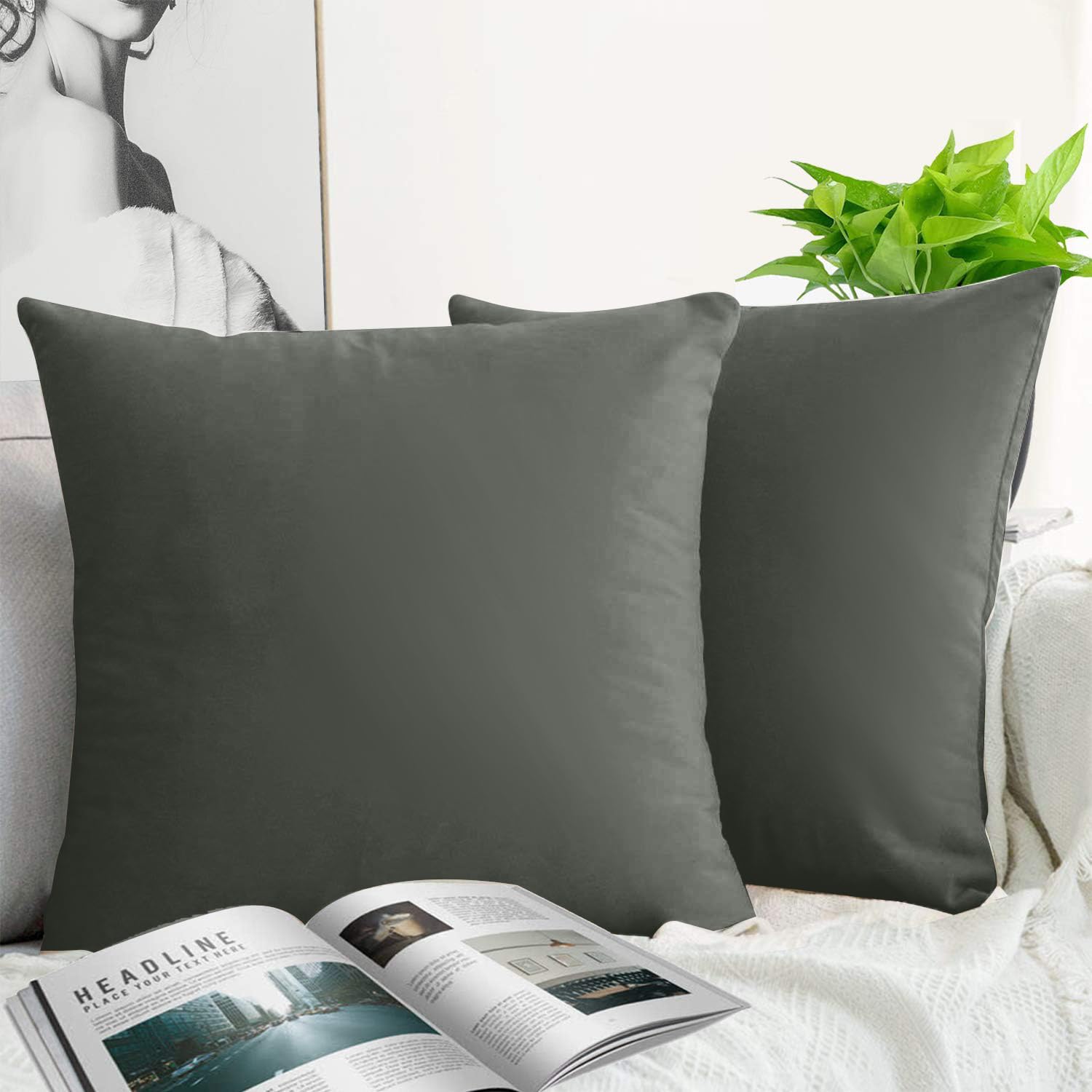 Jueyingbaili Throw Pillow Covers Velvet Decorative 2 Packs Ultra-Soft Dark Grey Pillowcase 18 X 18 Inch For Couch,Chair,Sofa,Bed