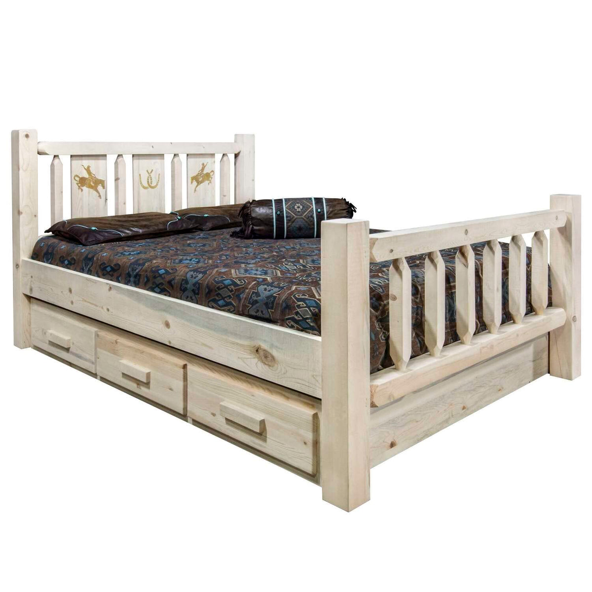 Montana Woodworks Bronc Design Storage Laser Engraved Bed in Clear Lacquer Finish (Twin: 87 in. L x 46 in. W x 47 in. H (299 lbs.))