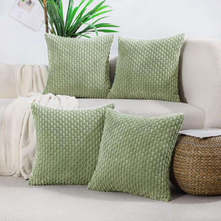 Vakado Sage Green Decorative Throw Pillow Covers 18X18 Set Of 4 Spring Couch Boho Corduroy Neutral Home Living Room Farmhouse Ru