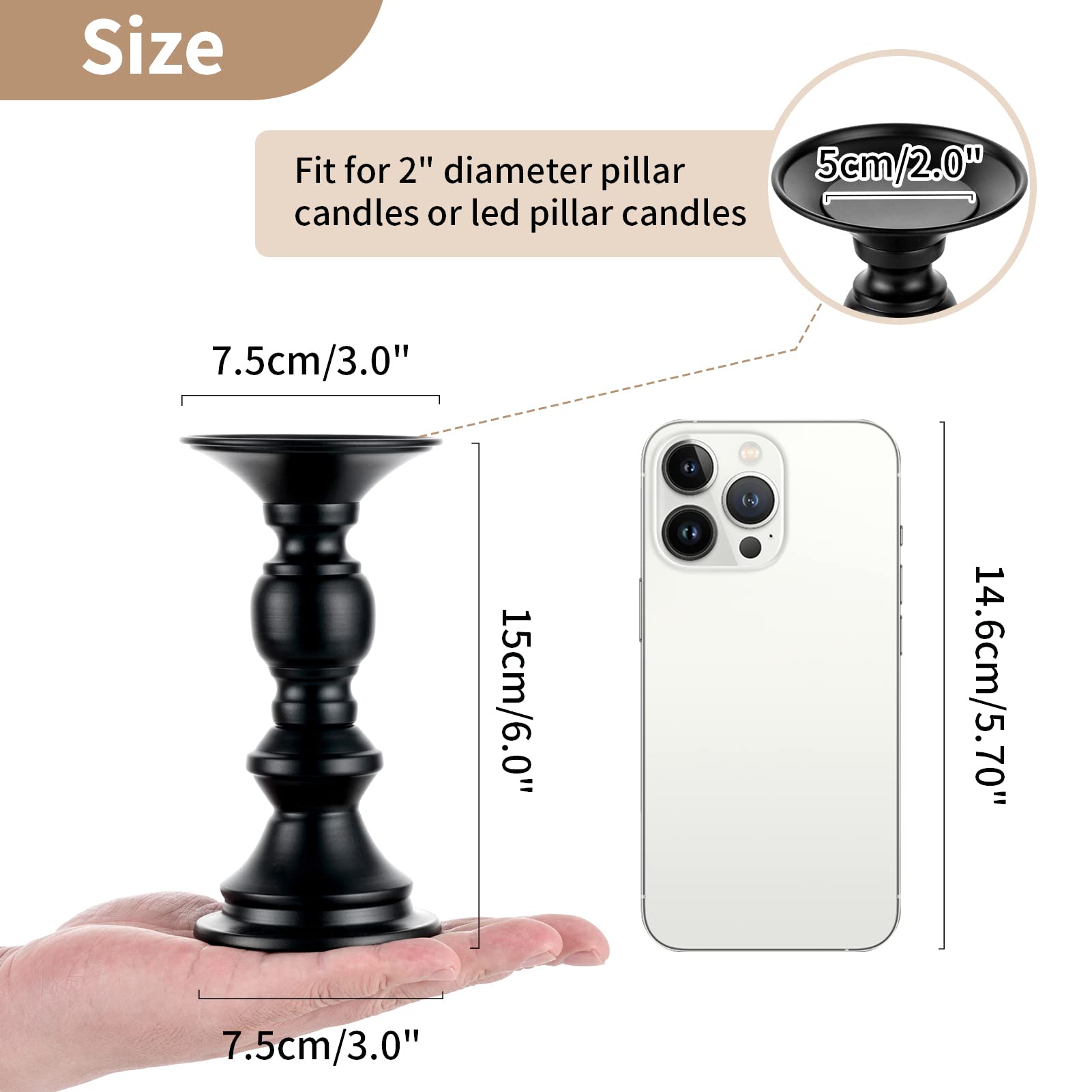 Nuptio 2 Pcs Candle Holders For Pillar Candles, Black Candle Holder For 50Mm Candles Christmas Halloween Mantlepiece Decorations