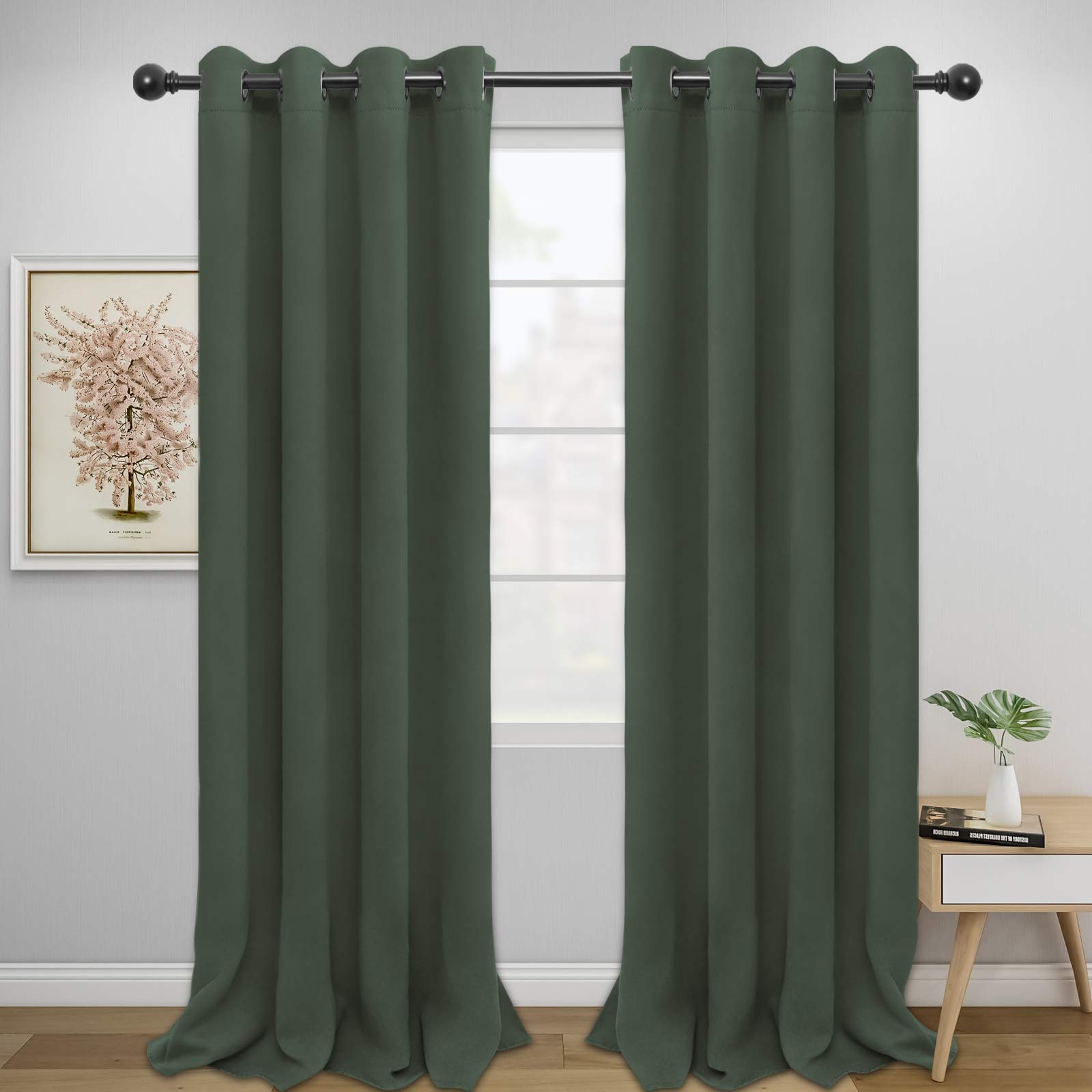 Easy-Going Blackout Curtains For Bedroom, Solid Thermal Insulated Grommet And Noise Reduction Window Drapes, Room Darkening Curtains For Living Room, 2 Panels(52X96 In,Greyish Green)