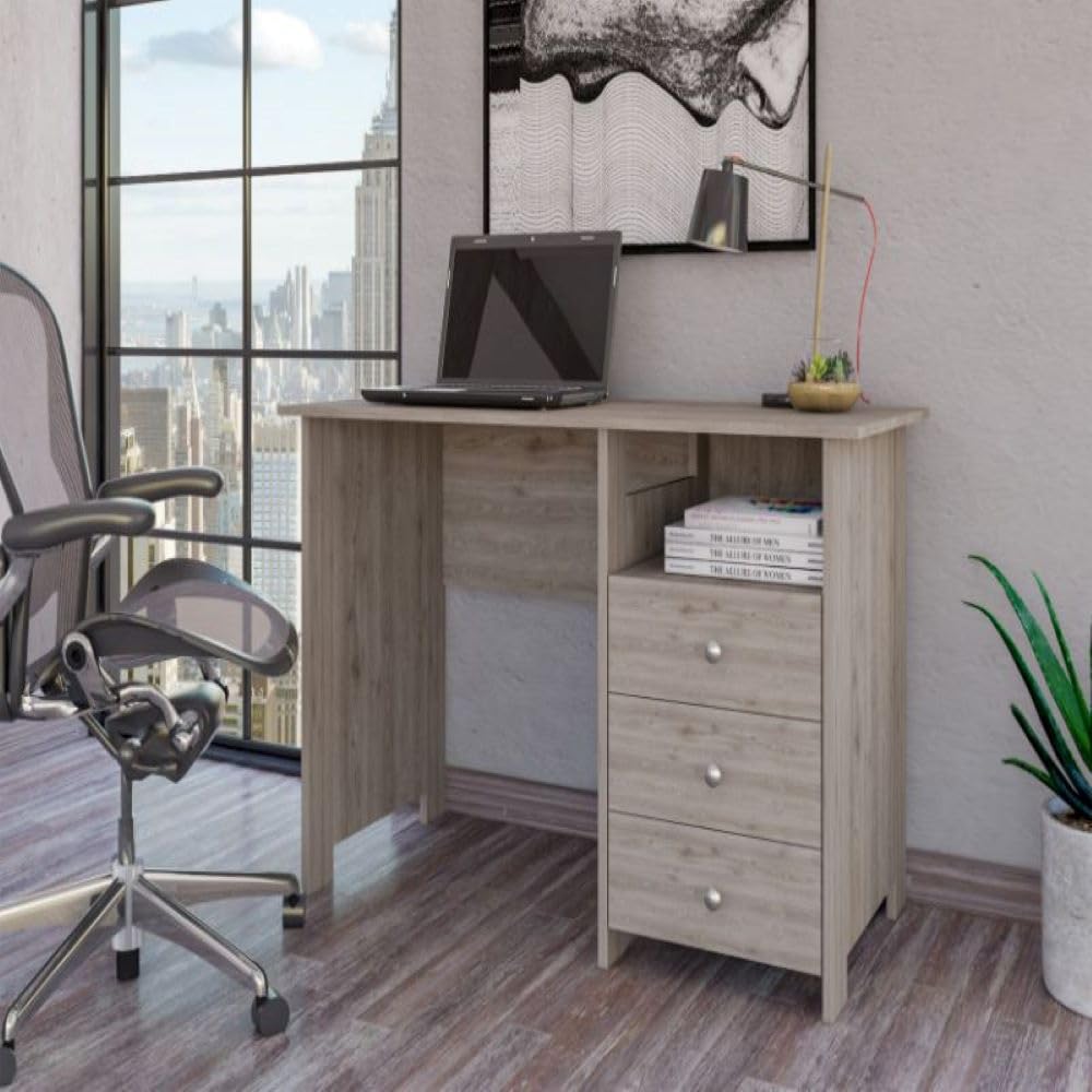 Writing Desk Brentwood with Three Drawers and Open Storage Shelf -Light Gray