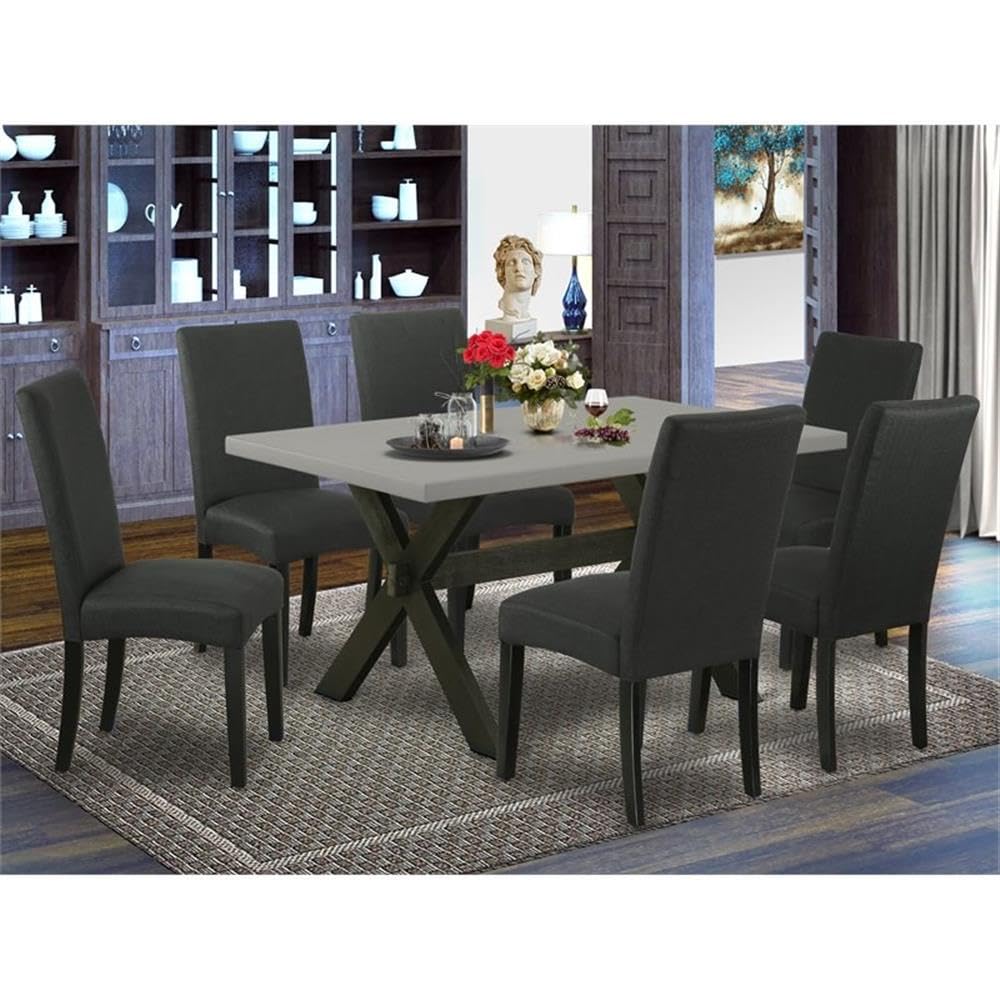 East West Furniture X696Dr124-7 7 Piece Dining Set Consist Of A Rectangle Dining Room Table With X-Legs And 6 Black Color Linen Fabric Upholstered Chairs, 36X60 Inch, Multi-Color