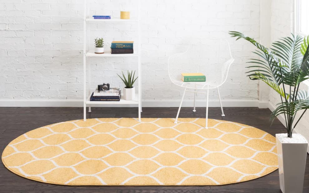 Unique Loom Trellis Frieze Collection Area Rug - Rounded (3' X 5' Oval, Yellow/ Ivory)