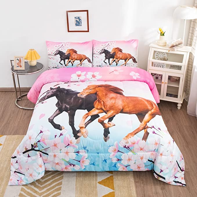 Feelyou Kids Horse Bedding Set Chic Cherry Blossom Bedding Comforter Set For Girls Teens Galloping Horse Printed Comforter 3D Wi