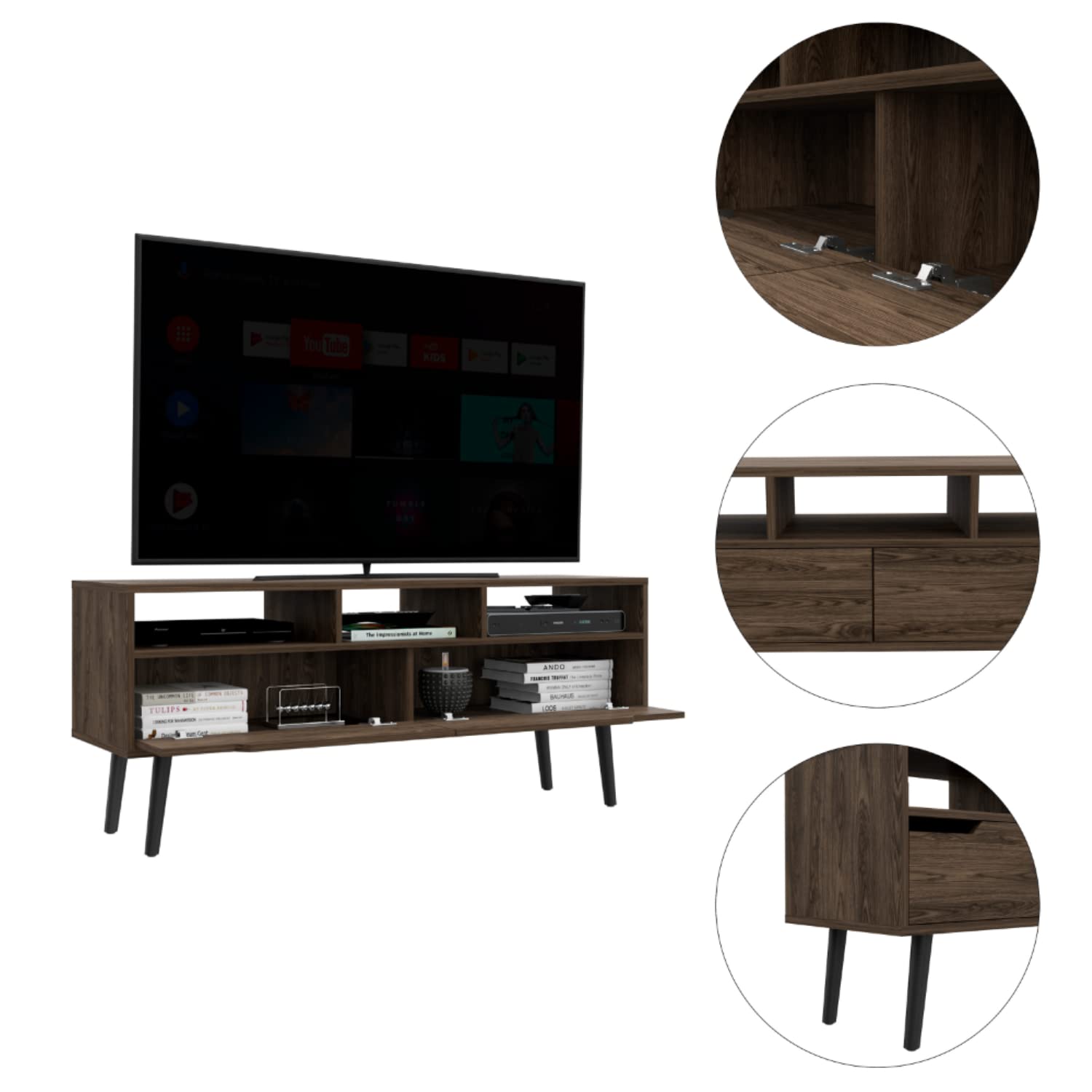 Kobe Tv Stand for Tv´S Up 52&quot;, 3 Open Shelves, 2 Flexible Drawers, Dark Walnut