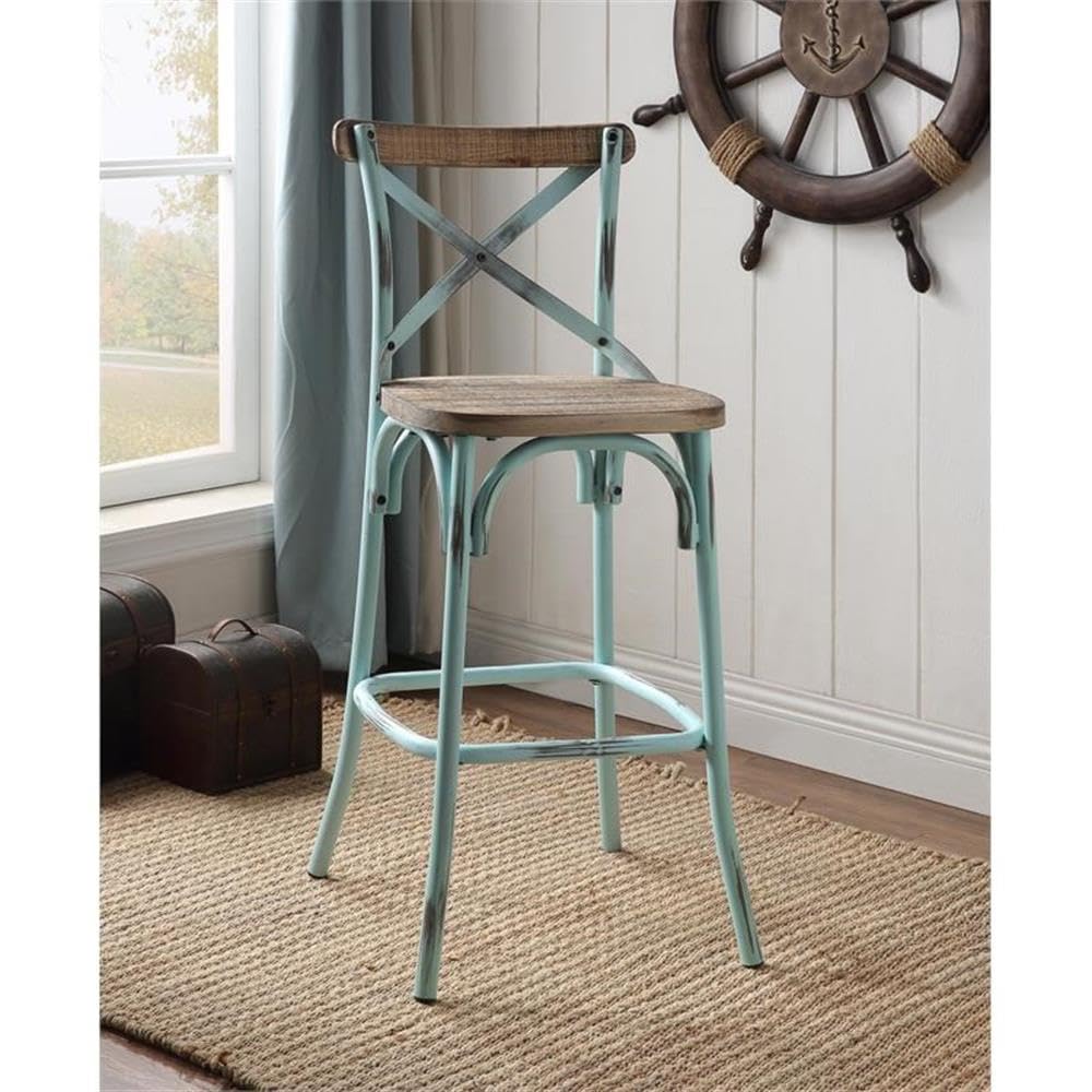 Acme Zaire Armless Bar Stool with Wooden Seat in Antique Sky and Antique Oak