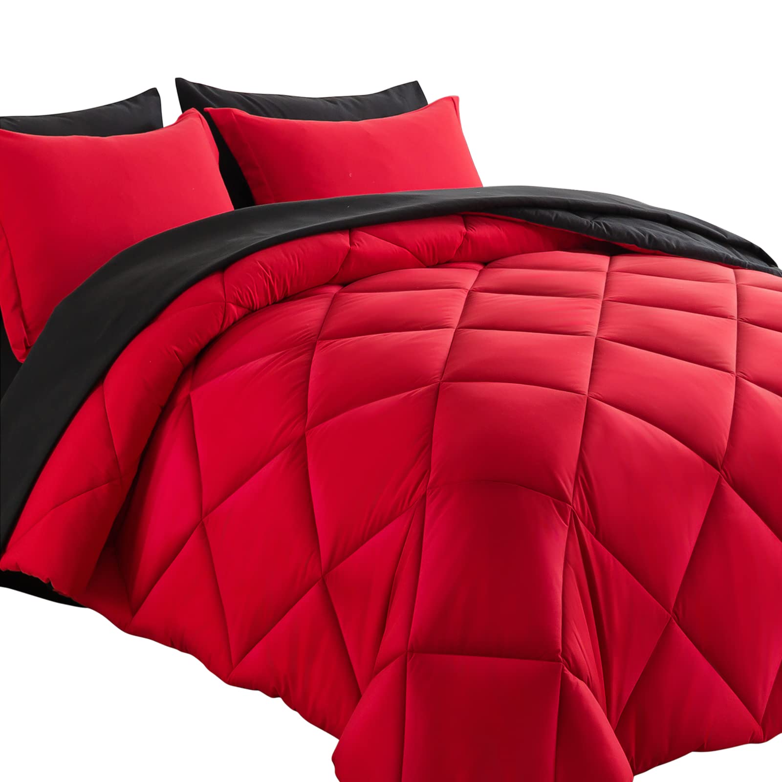 Cosybay Bed In A Bag Full Reversible Comforter Sets 7Pcs All Season Down Alternative Bedding Sets Red And Black With Comforter,
