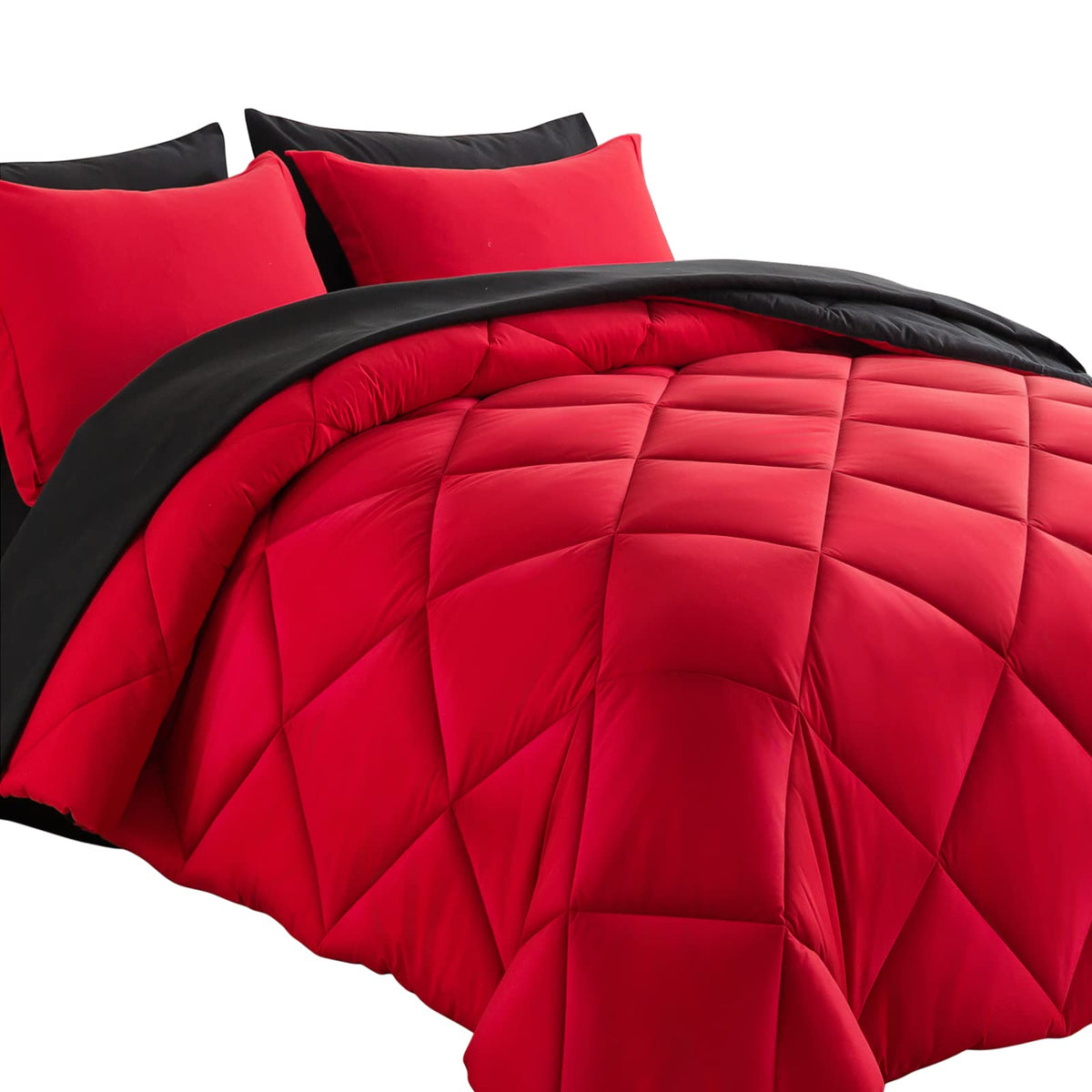 Cosybay Bed In A Bag King Reversible Comforter Sets 7Pcs All Season Down Alternative Bedding Sets Red And Black With Comforter,