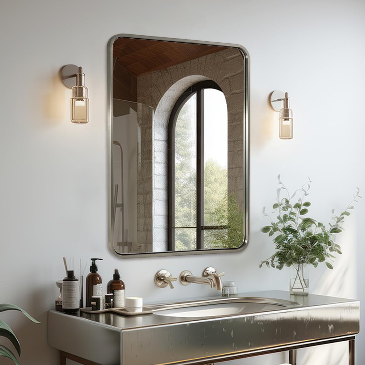 ANDY STAR 48x32 Inch Brushed Nickel Bathroom Mirror, Rounded Rectangle Bathroom Vanity Mirrors for Wall, Anti-Rust SUS304, Seaml