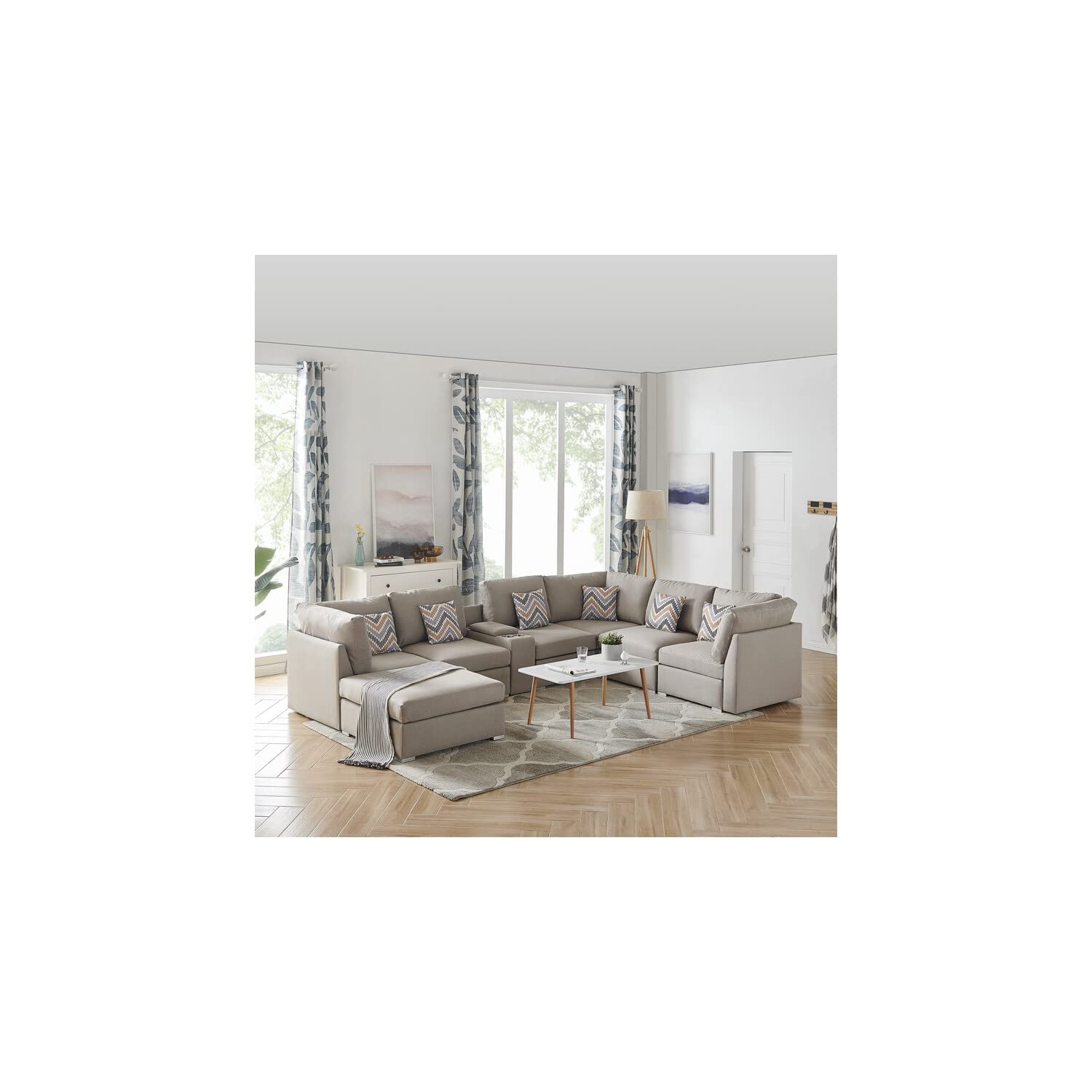 Lilola Home Lucy Beige Fabric Reversible Modular Sectional Sofa with USB Console and Ottoman