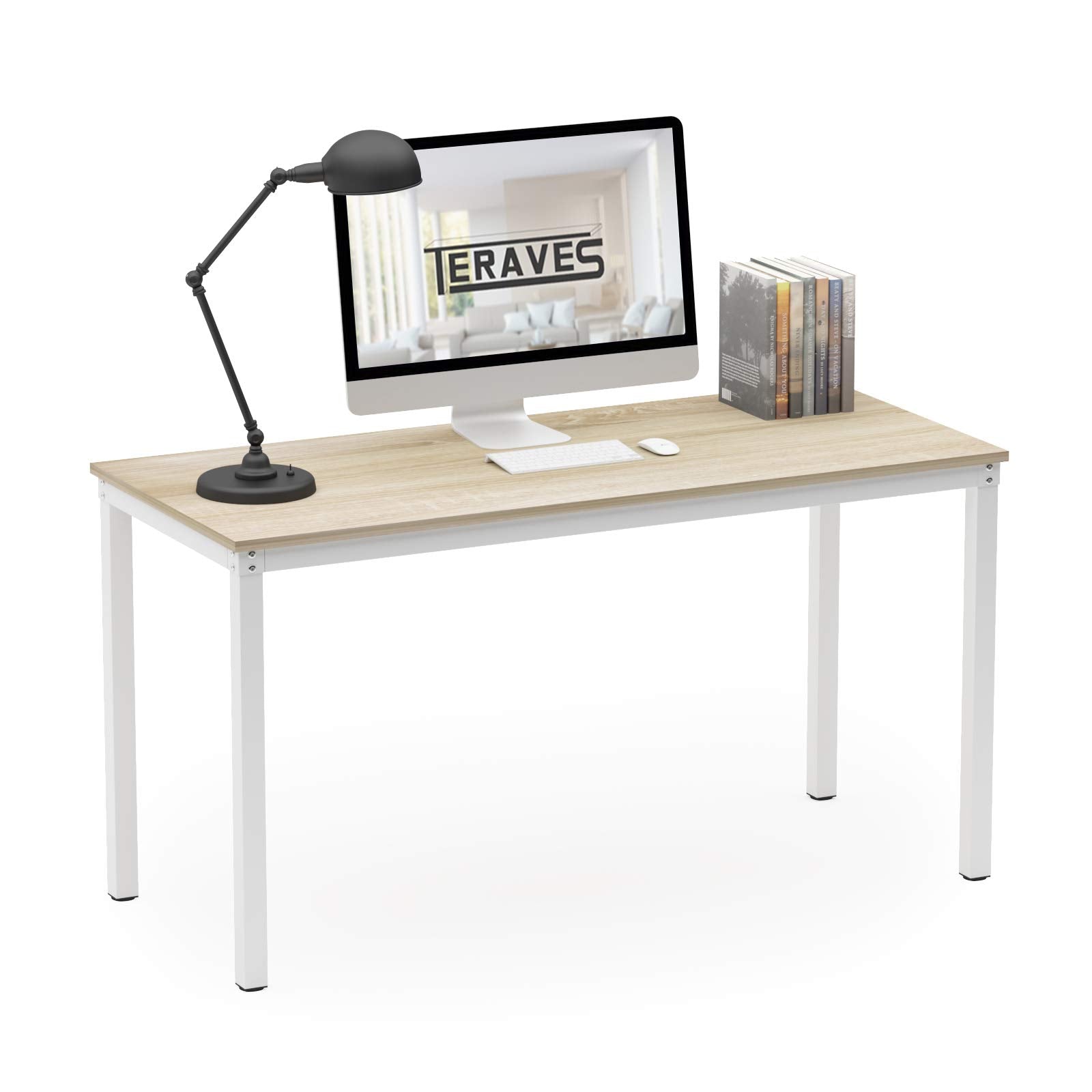 Teraves Computer desk/Dining Table Office Desk Sturdy Writing Workstation for Home Office (39.37, Beige + White Frame)