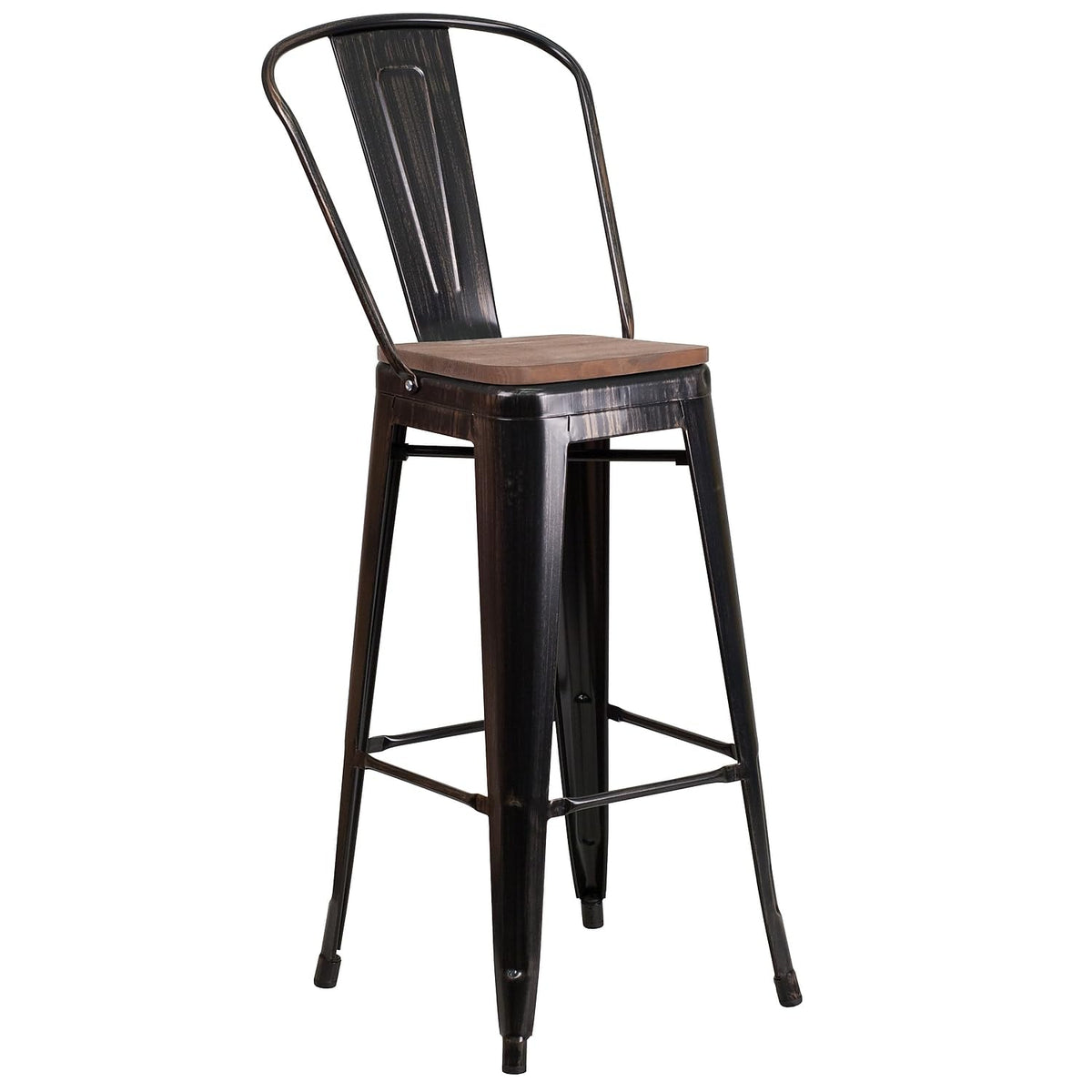 Flash Furniture Lily 30&quot; High Black-Antique Gold Metal Barstool with Back and Wood Seat